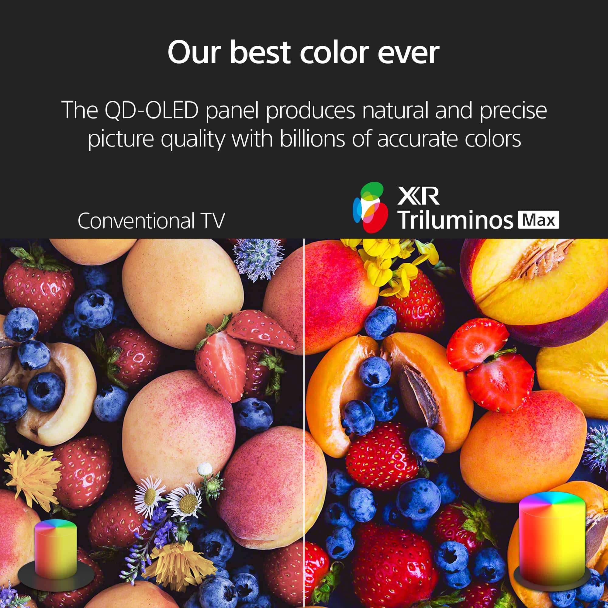 Our best color ever: The QD-OLED panel produces natural and precise picture quality with billions of accurate colors. Conventional TV vs. XR Triluminos Max.