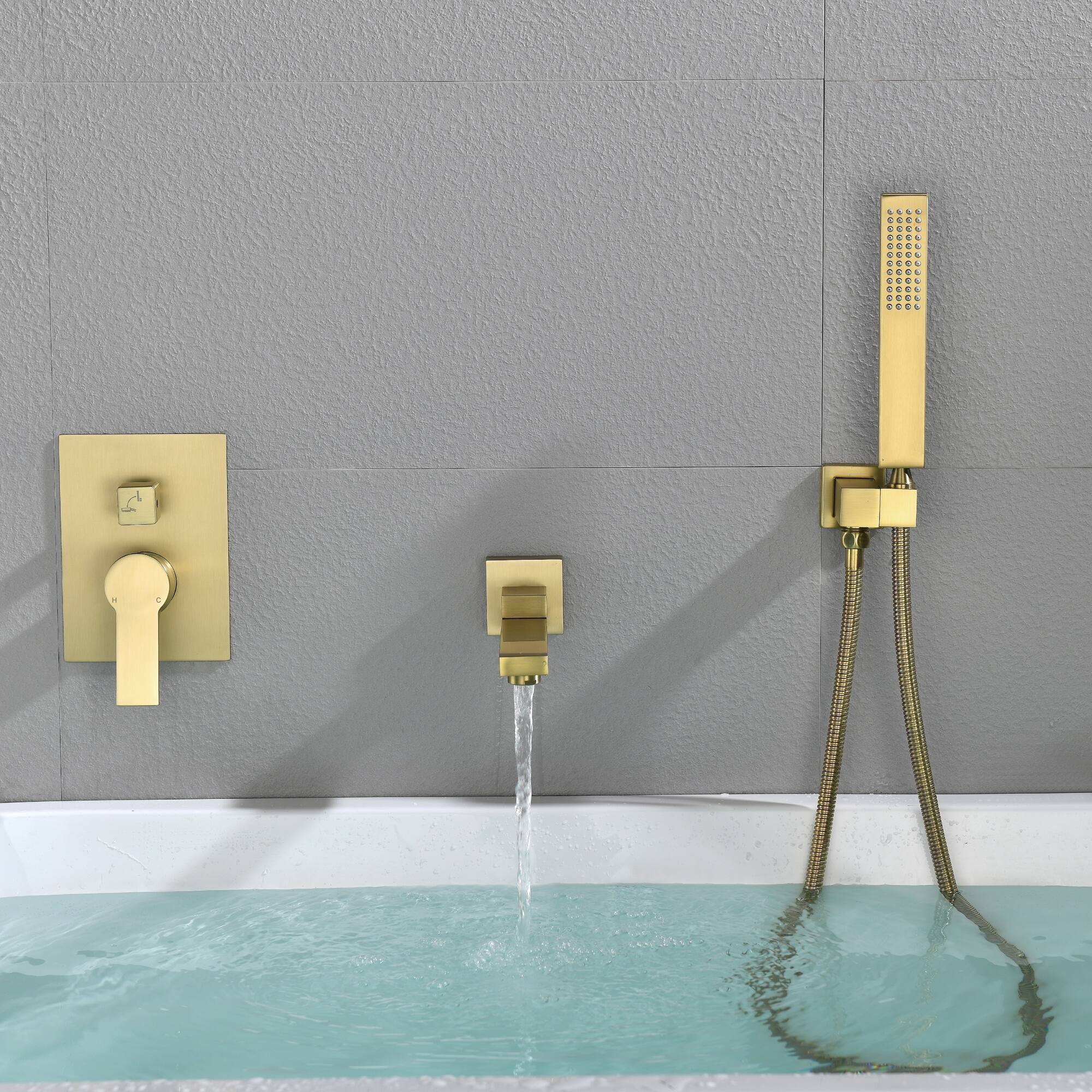 Alt View 1. Boyel Living - Brushed Gold Wall Mount Bathtub Faucet Brass 2-Function Valve 180° Rotating Spout Handheld 60-Inch Hose cUPC - Brushed Gold.