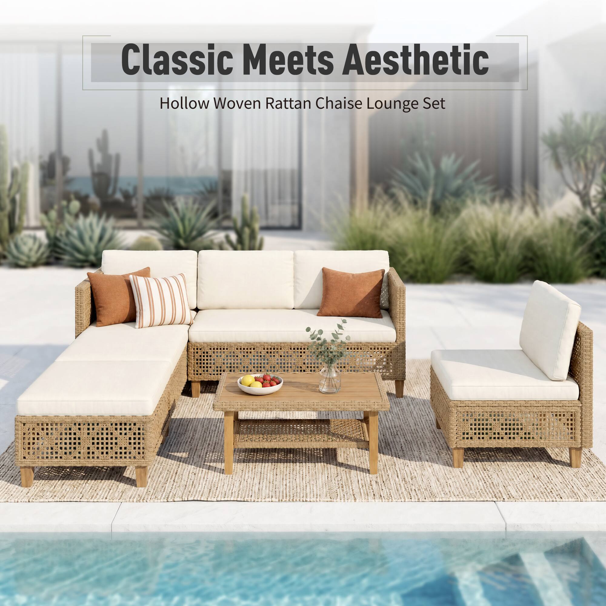 Classic Meets Aesthetic  
Hollow Woven Rattan Chaise Lounge Set