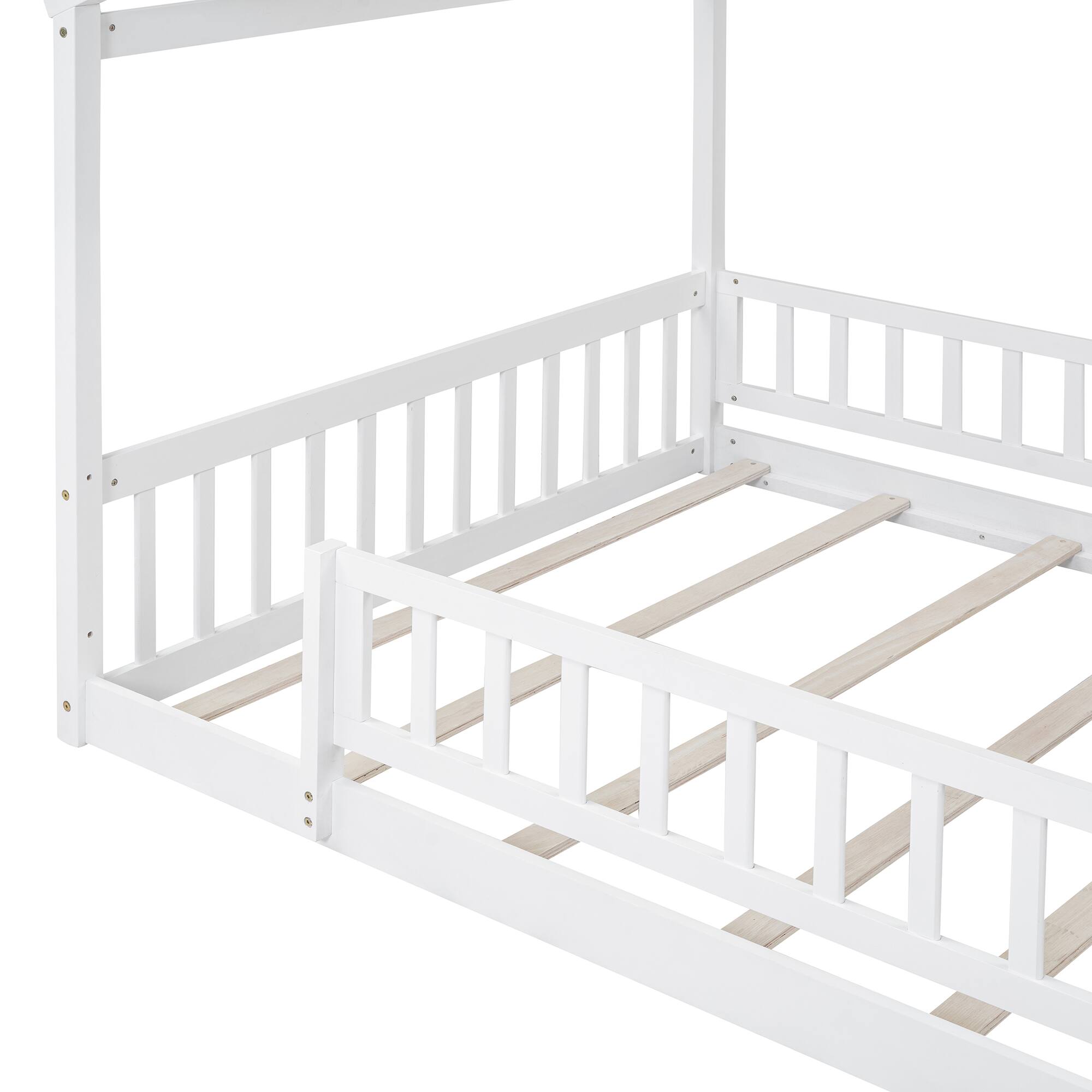 Alt View 5. Whisen - Wood House Bed Frame with Fence for Kids and Teens - White.