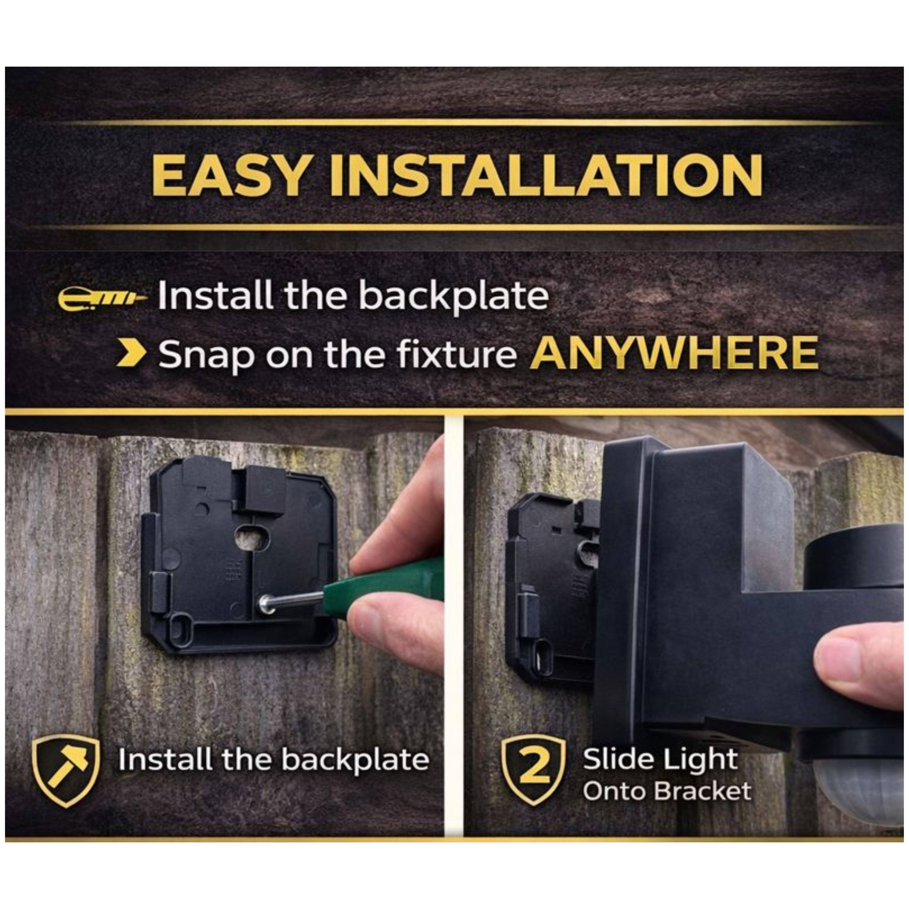 EASY INSTALLATION

1. Install the backplate
2. Snap on the fixture ANYWHERE

- Install the backplate
- Slide Light Onto Bracket