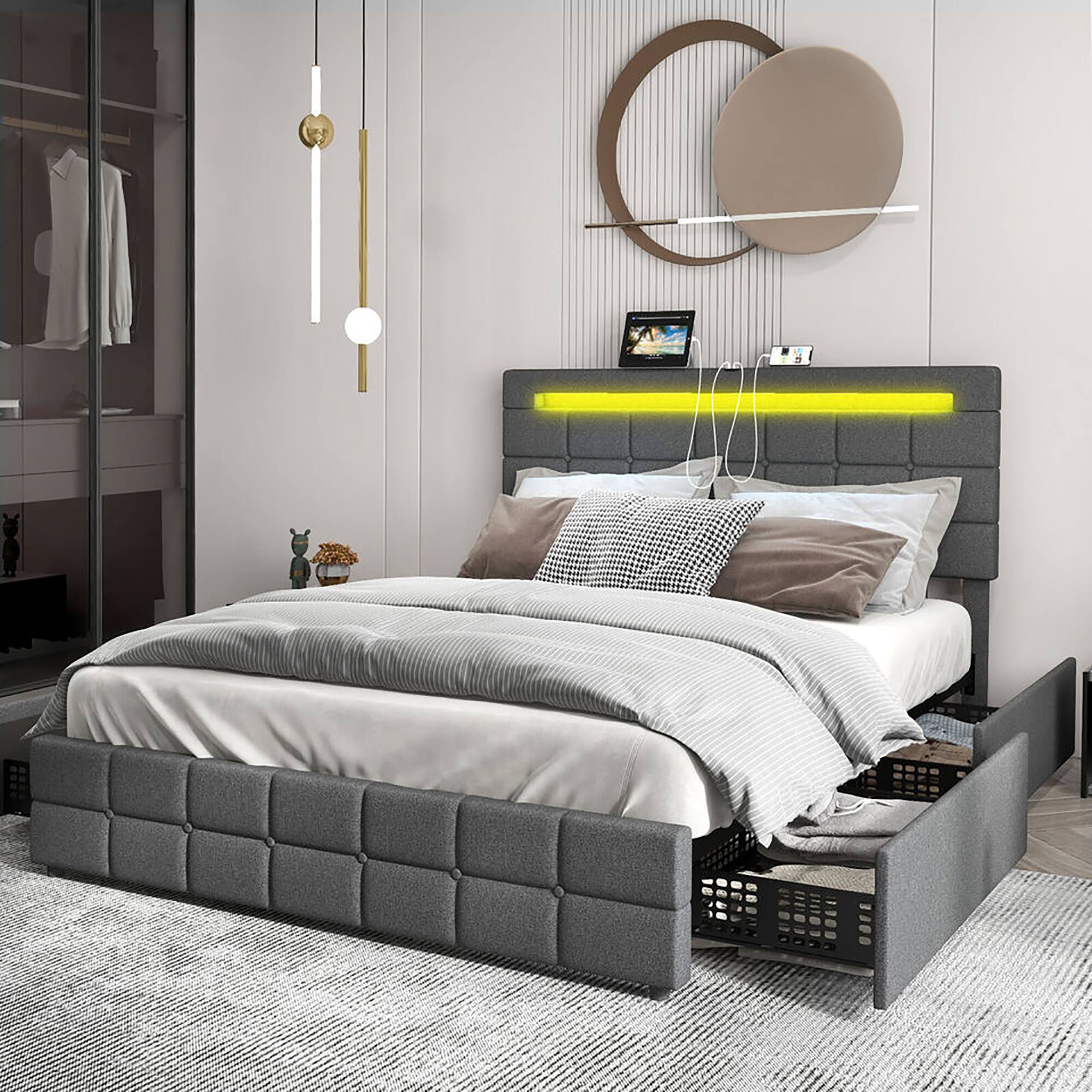 Alt View 3. Gymax - Gymax Full Upholstered Platform Bed with LED Headboard Charging Station Storage Drawer - Gray.