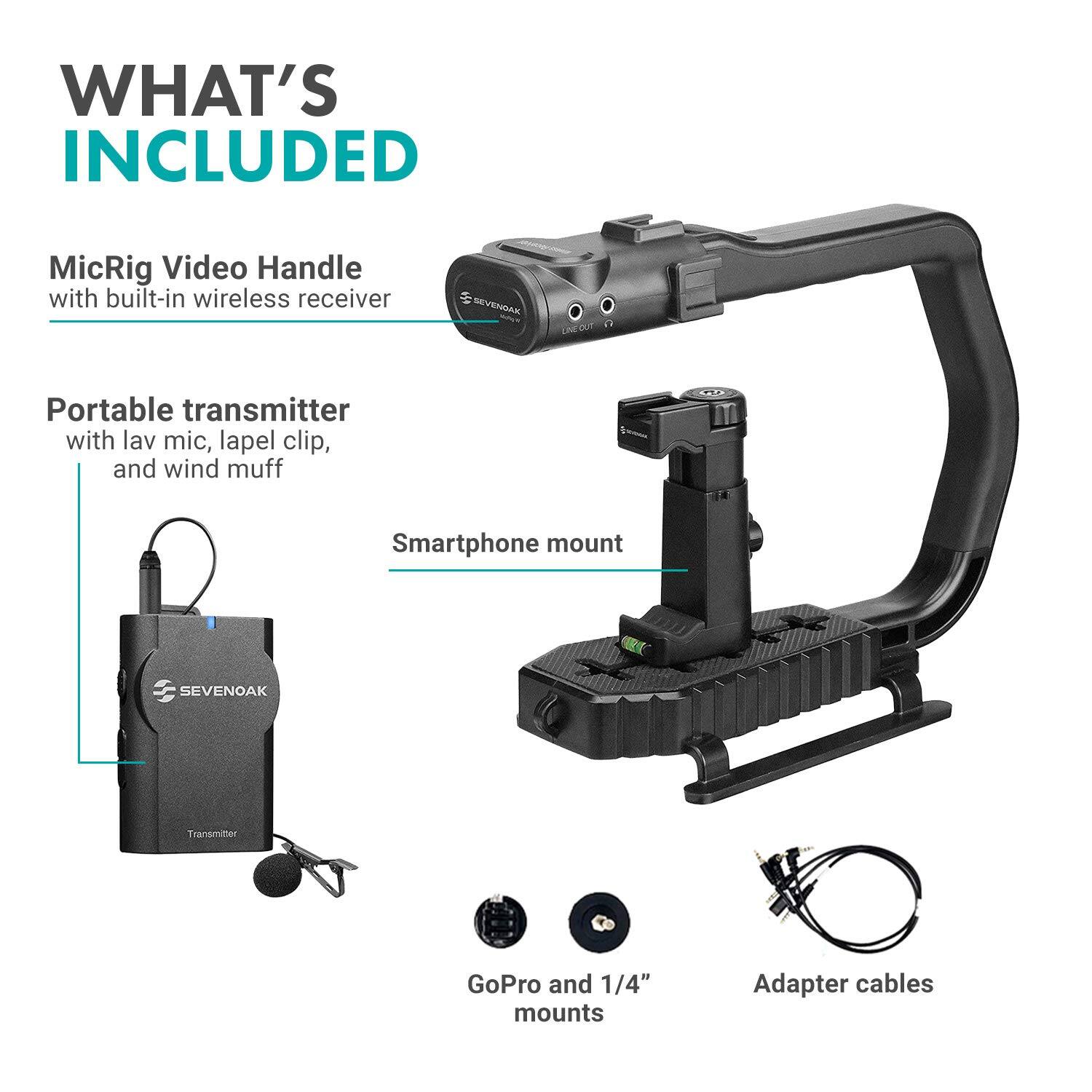 WHAT'S INCLUDED

- MicRig Video Handle with built-in wireless receiver
- Portable transmitter with lav mic, lapel clip, and wind muff
- Smartphone mount
- GoPro and 1/4" mounts
- Adapter cables