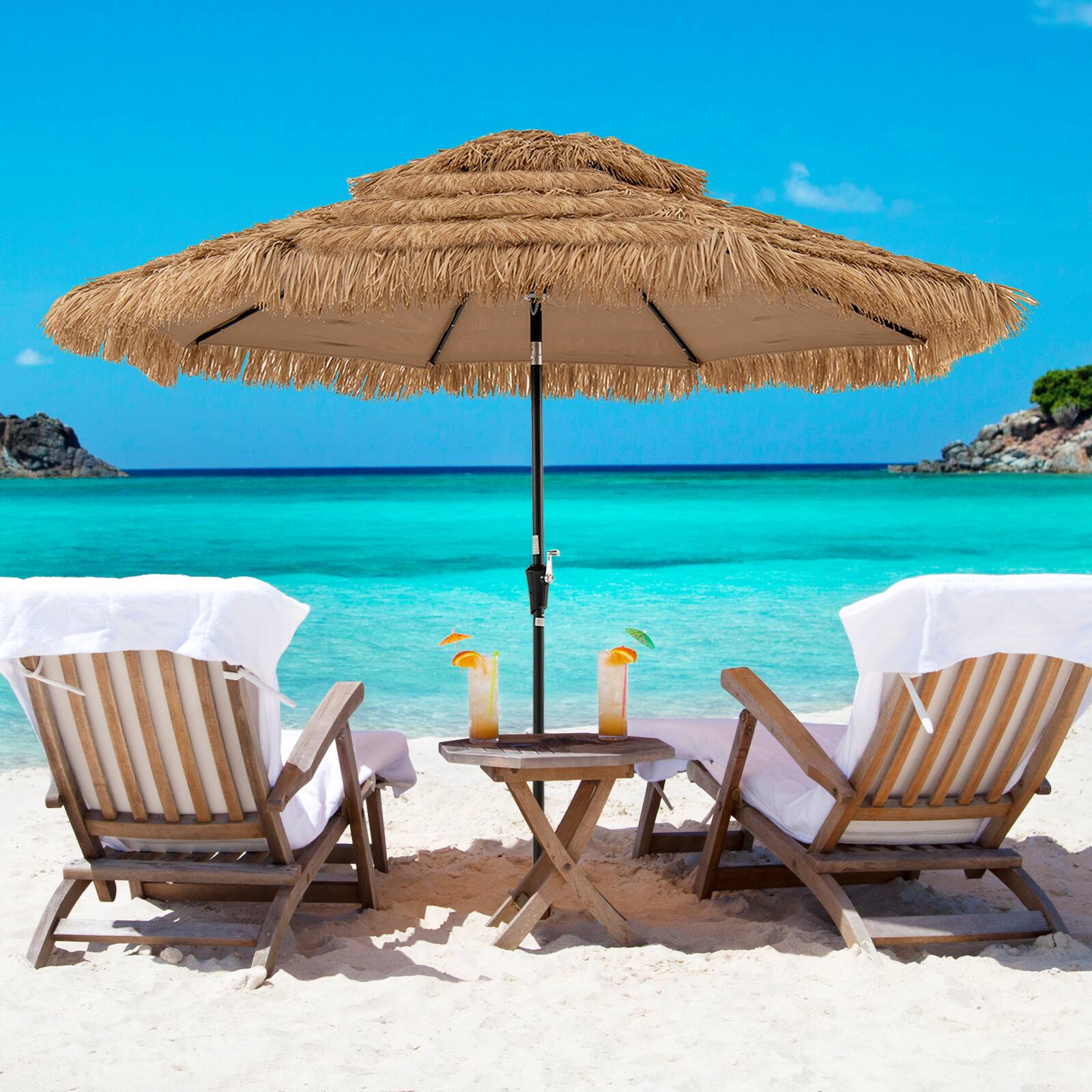 Alt View 1. Gymax - Gymax 10 FT Hula Thatched Tiki Umbrella 2-Tier Hawaiian Style Solar Patio Umbrella - Natural.