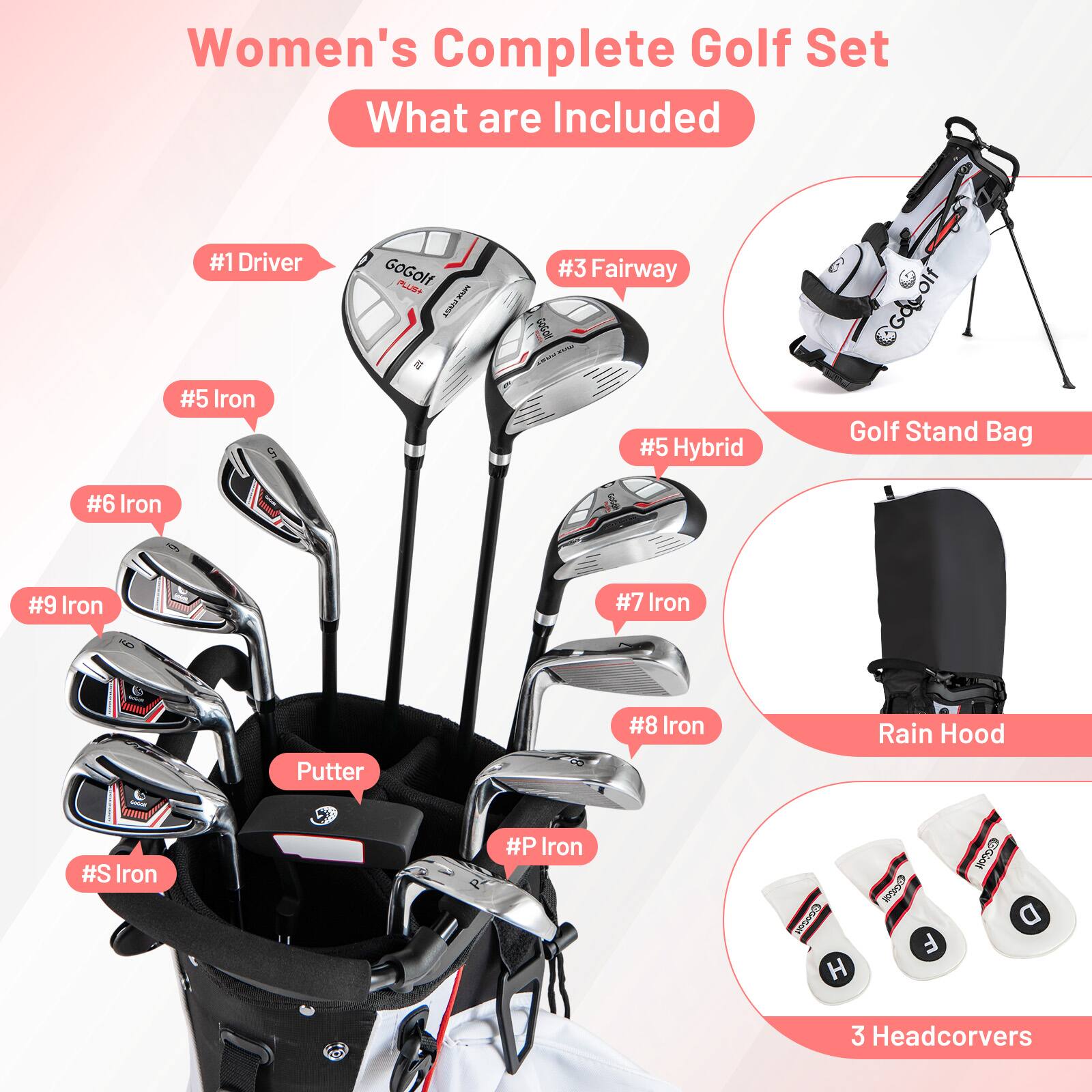 Women's Complete Golf Set  
What are Included

- #1 Driver
- #3 Fairway
- #5 Iron
- #5 Hybrid
- #6 Iron
- #7 Iron
- #8 Iron
- #9 Iron
- #P Iron
- Putter
- Golf Stand Bag
- Rain Hood
- 3 Headcovers