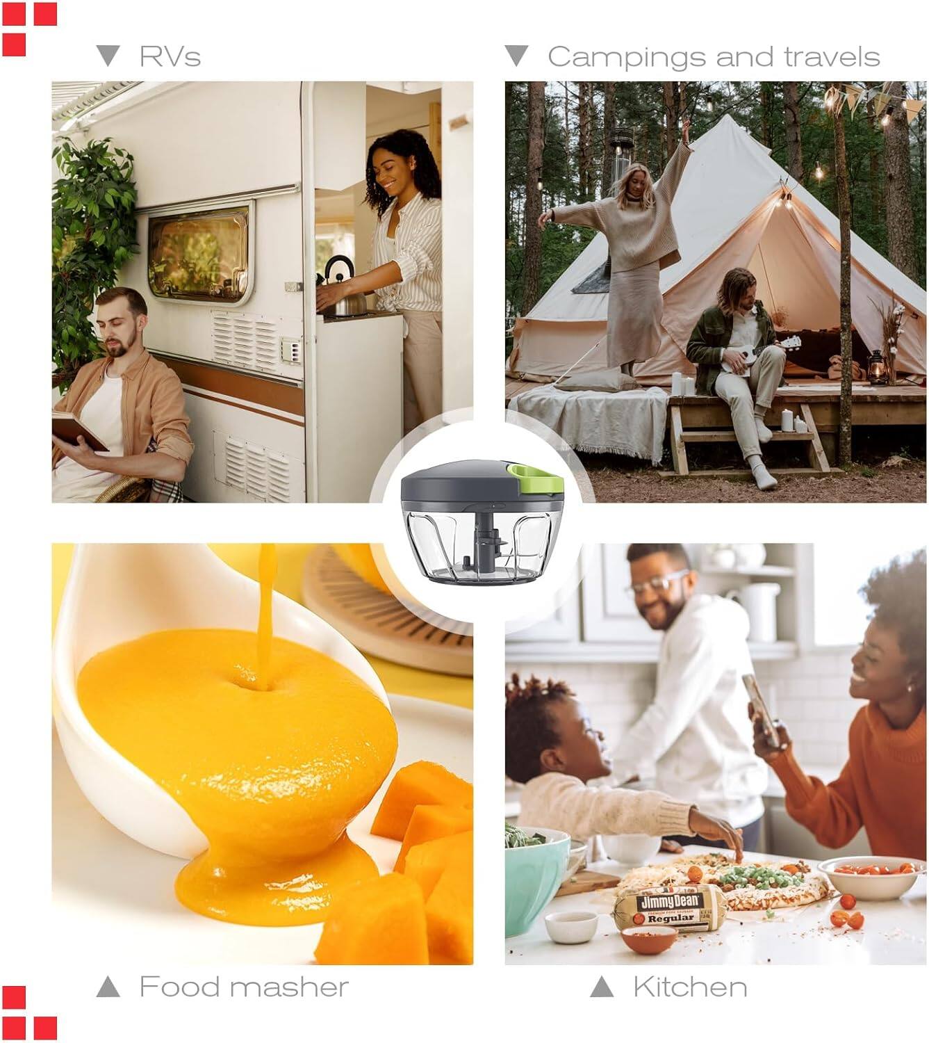 The text in the image can be grouped and corrected as follows:

1. **RVs**
2. **Camping and Travels**
3. **Food Masher**
4. **Kitchen**

The corrected text ensures proper capitalization and spacing.