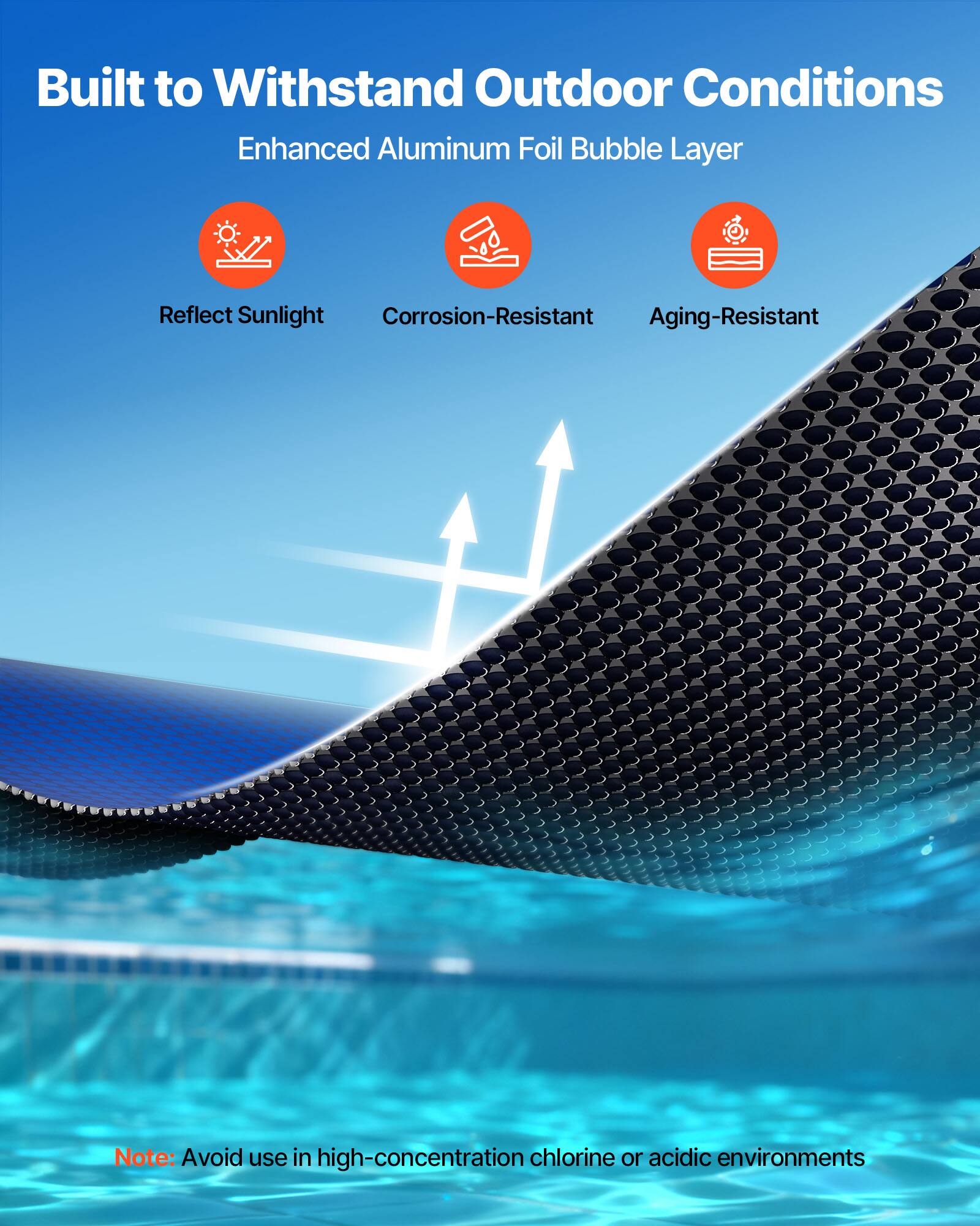 Built to Withstand Outdoor Conditions  
Enhanced Aluminum Foil Bubble Layer  

- Reflect Sunlight  
- Corrosion-Resistant  
- Aging-Resistant  

Note: Avoid use in high-concentration chlorine or acidic environments