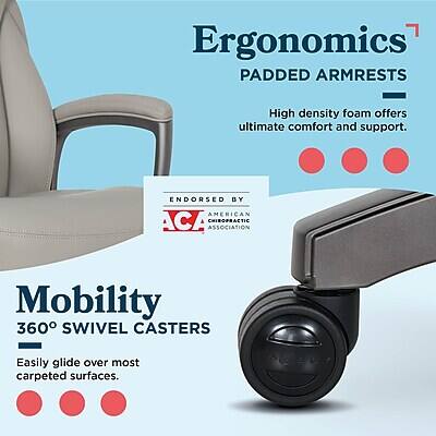 Ergonomics Padded Armrests
High density foam offers ultimate comfort and support.

Endorsed by American Chiropractic Association

Mobility 360° Swivel Casters
Easily glide over most carpeted surfaces.