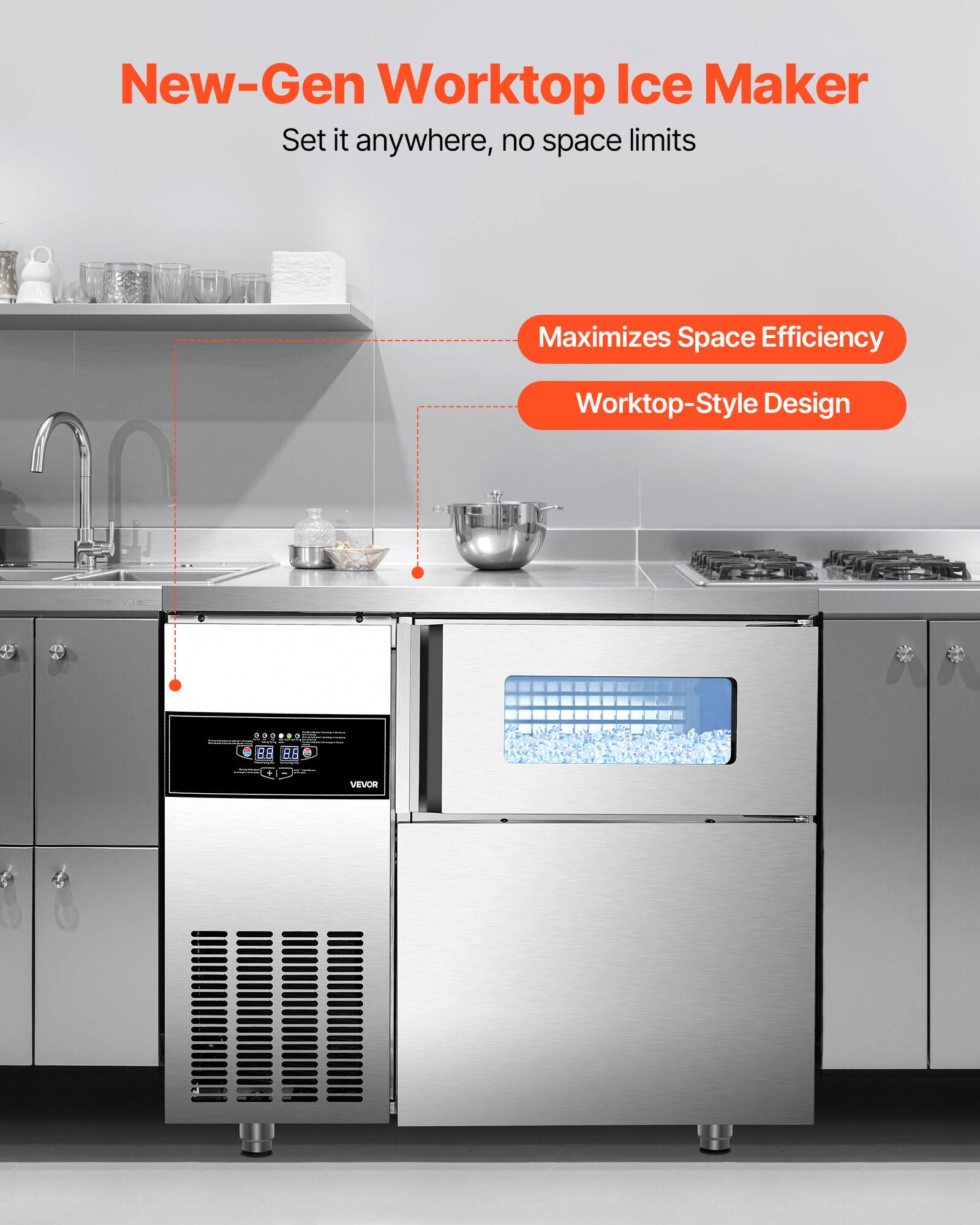 New-Gen Worktop Ice Maker  
Set it anywhere, no space limits  

Maximizes Space Efficiency  
Worktop-Style Design  

88 8.6 Ad VEVOR