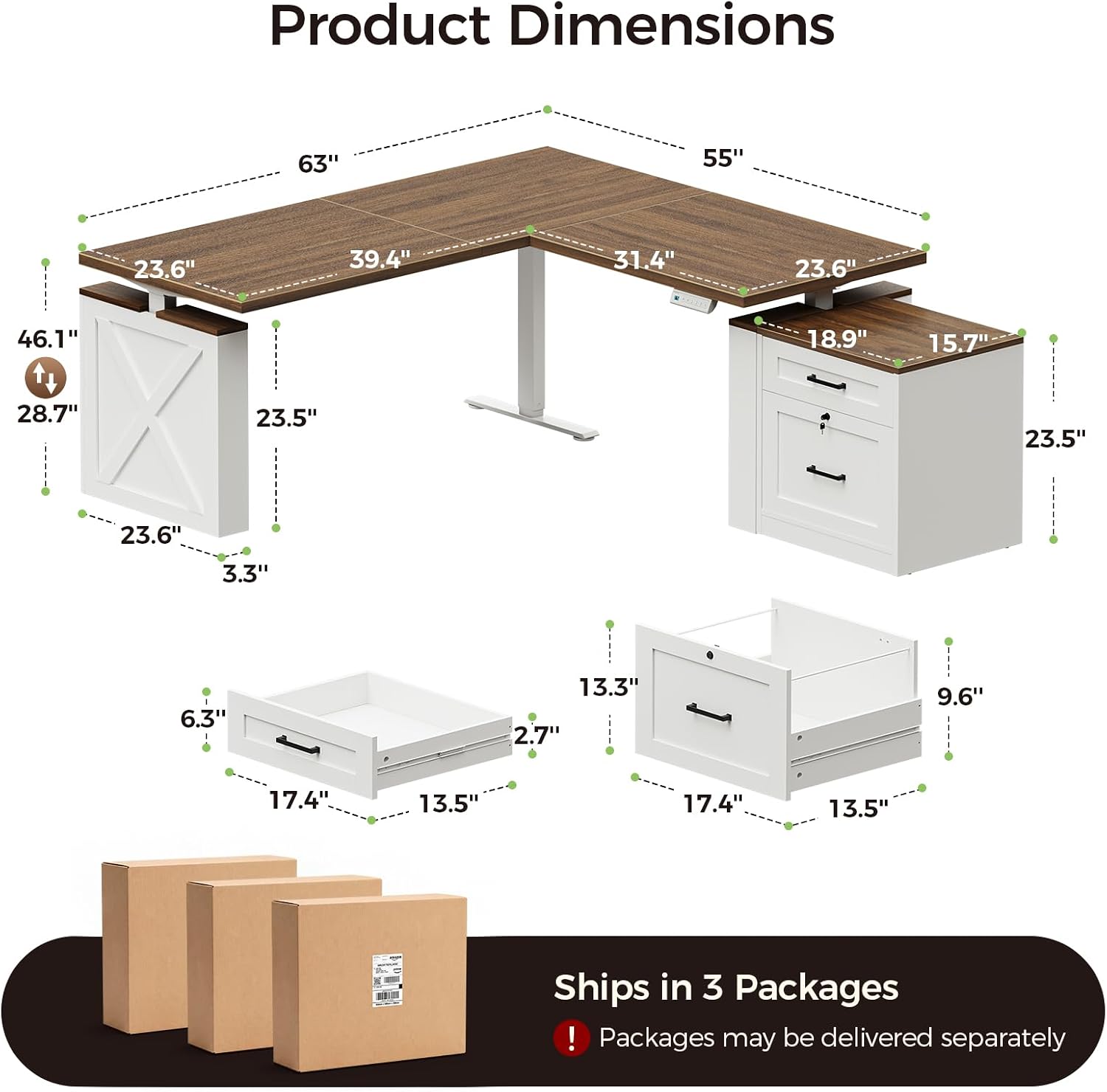 Product Dimensions
63"
55"
23.6"
39.4"
31.4"
23.6"
46.1"
18.9"
15.7"
28.7"
23.5"
23.5"
23.6"
3.3"
6.3"
13.3"
2.7"
9.6"
17.4"
13.5"
17.4"
13.5"

Ships in 3 Packages! Packages may be delivered separately
