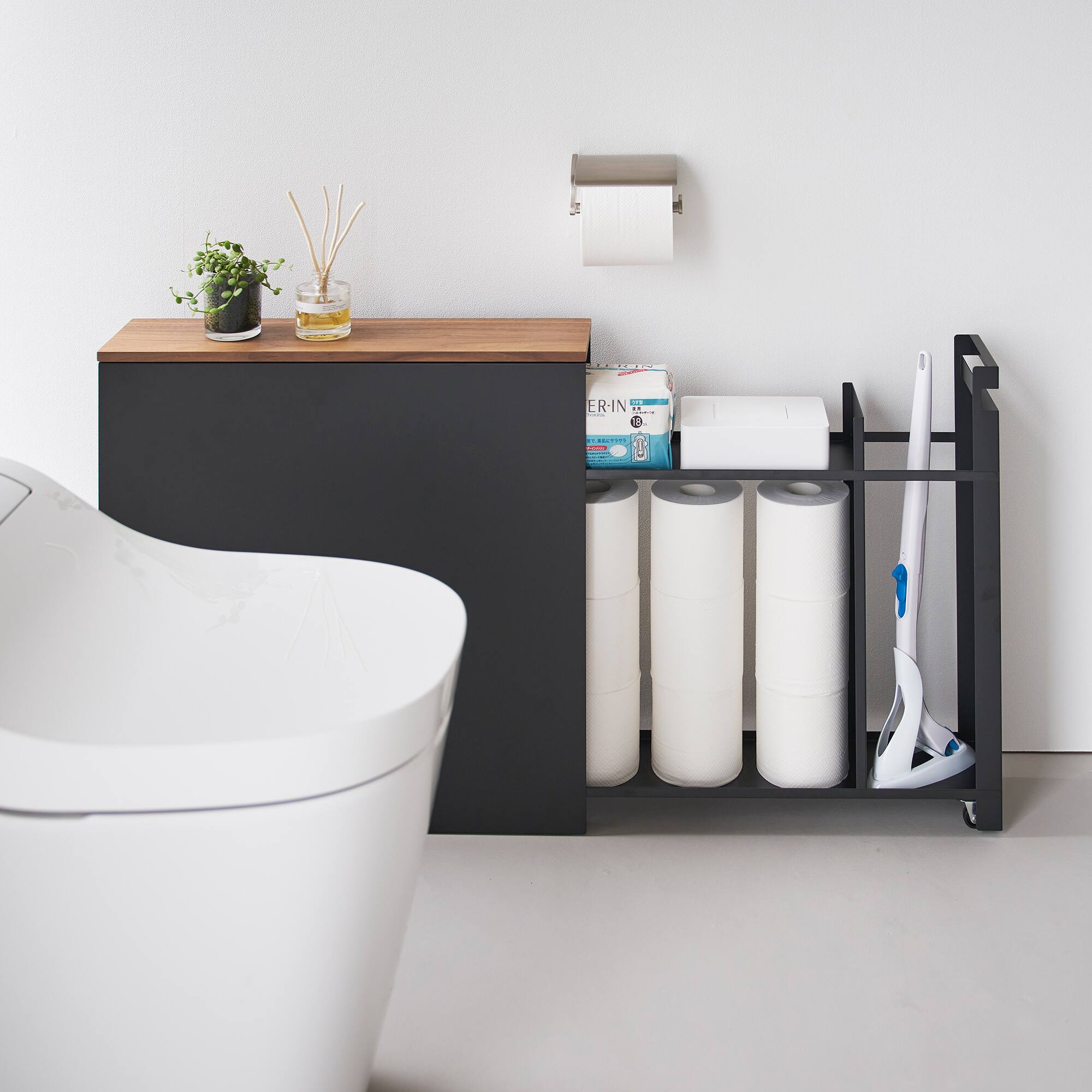 Yamazaki Home Pull Out Bathroom Storage Cabinet Steel + Wood Black