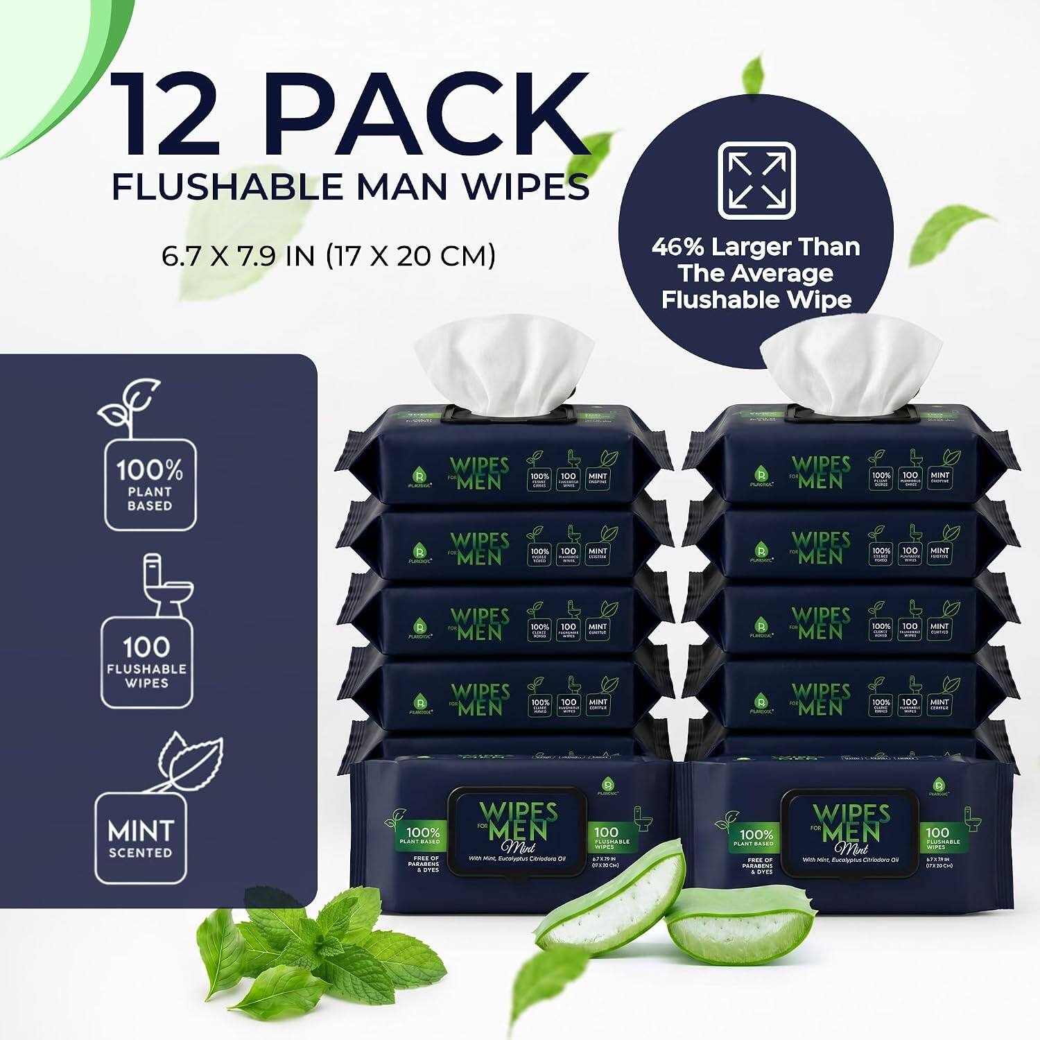 12 PACK FLUSHABLE MAN WIPES  
6.7 X 7.9 IN (17 X 20 CM)  
46% Larger Than The Average Flushable Wipe  
100% PLANT BASED WIPES  
100 MINT SCENTED  
100% MEN  
100% FLUSHABLE WIPES