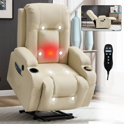 Front. APRILSOUL - Beige Pu Power Lift Recliner Chair for Elderly Heavy Duty 8 Point Massage Heating Usb Cup Holders - Beige.