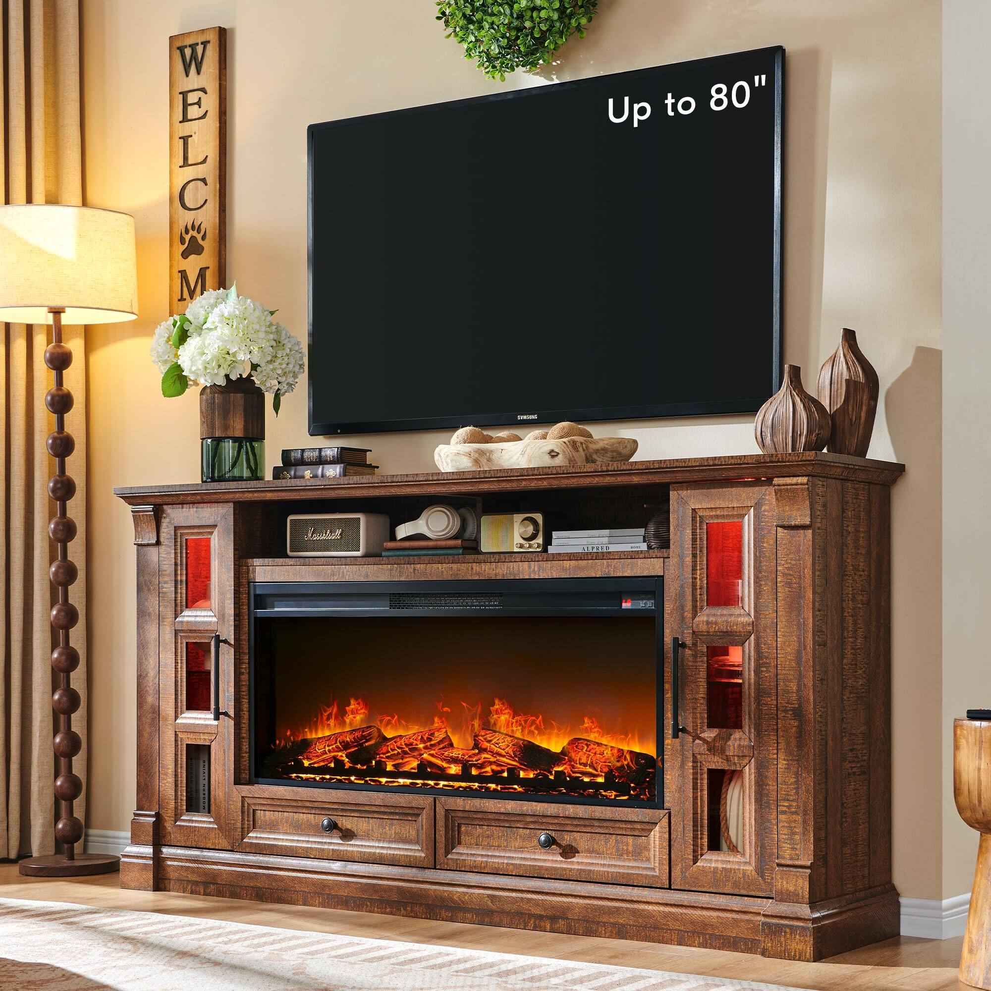 PO3TICJUNKI3 - 70" Farmhouse Fireplace TV Stand 42" Electric Heater 36" Tall Glass Storage - Reclaimed Barnwood