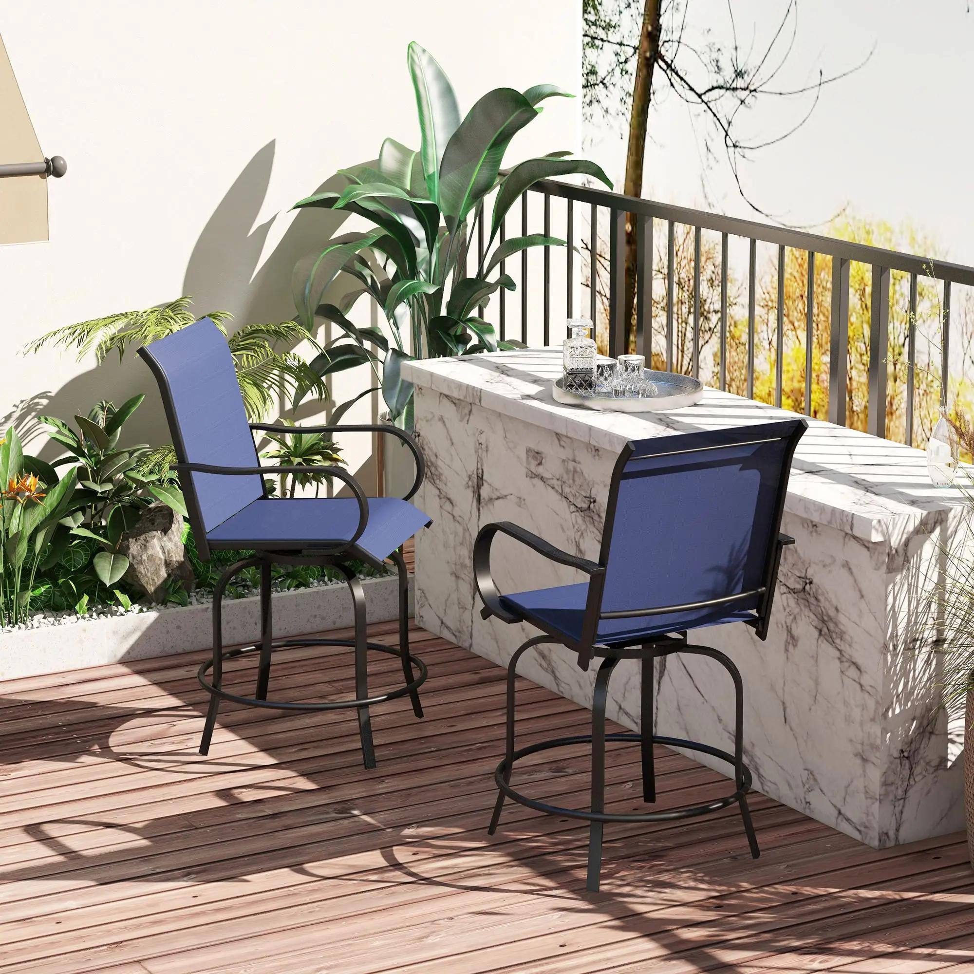 Left. Resenkos - Resenkos Outdoor Bar Stools Set, 360° Swivel Bar Height Chairs, Steel, Mesh Fabric, Blue - Blue.