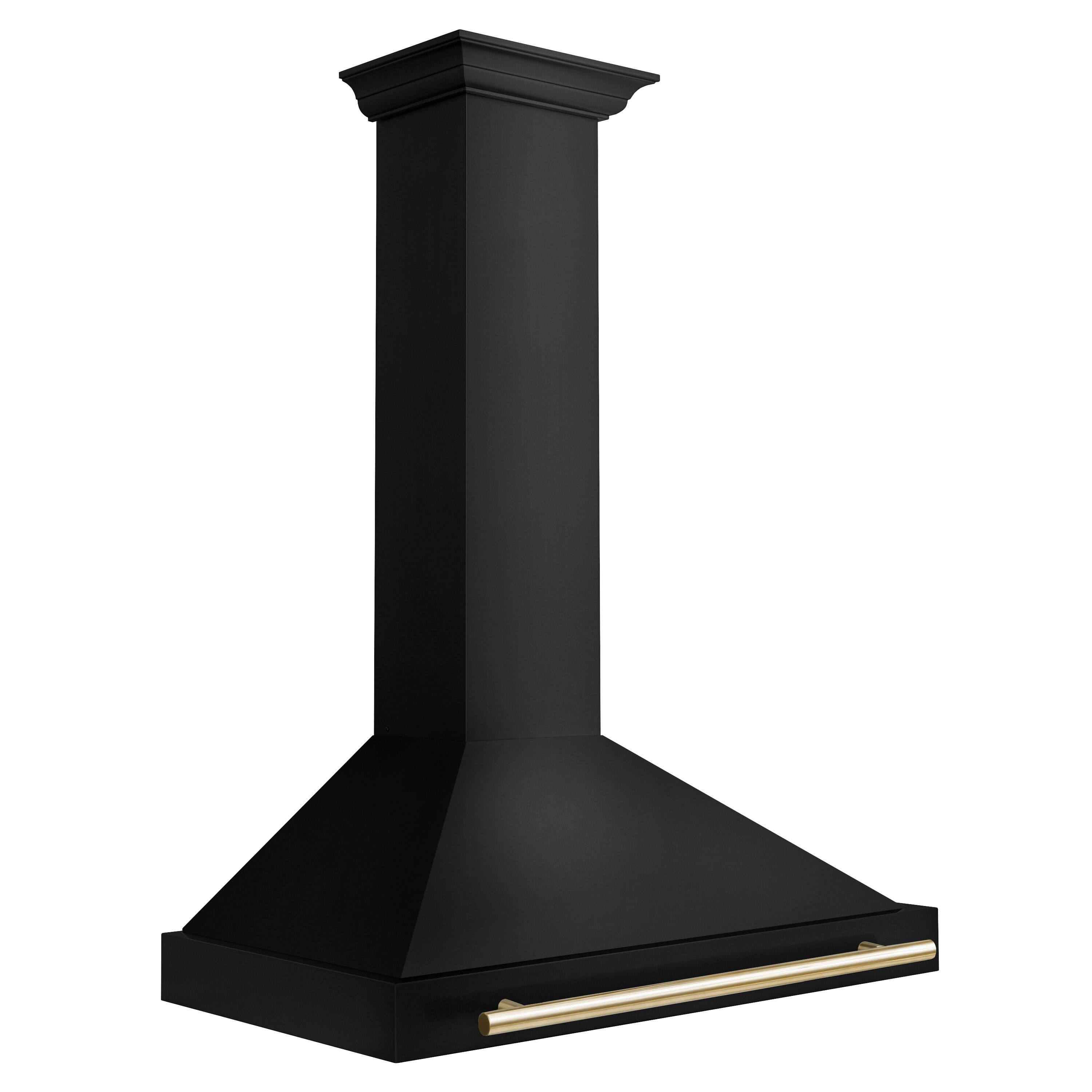 Angle. ZLINE - 36 in. Autograph Edition Black Stainless Steel Wall Mount Range Hood With Polished Gold Handle (BSKB4Z-36-G) - Black stainless steel.
