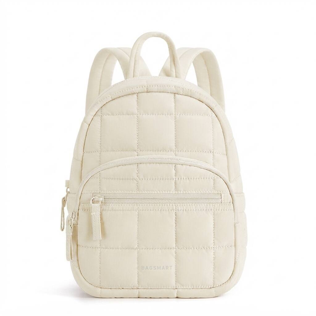 Front. Bagsmart - Backpack Purses for Women,Lightweight Quilted Mini Backpack,Water-resistant Puffer Small Daily Backpack Fashion Bookbag - Cream.