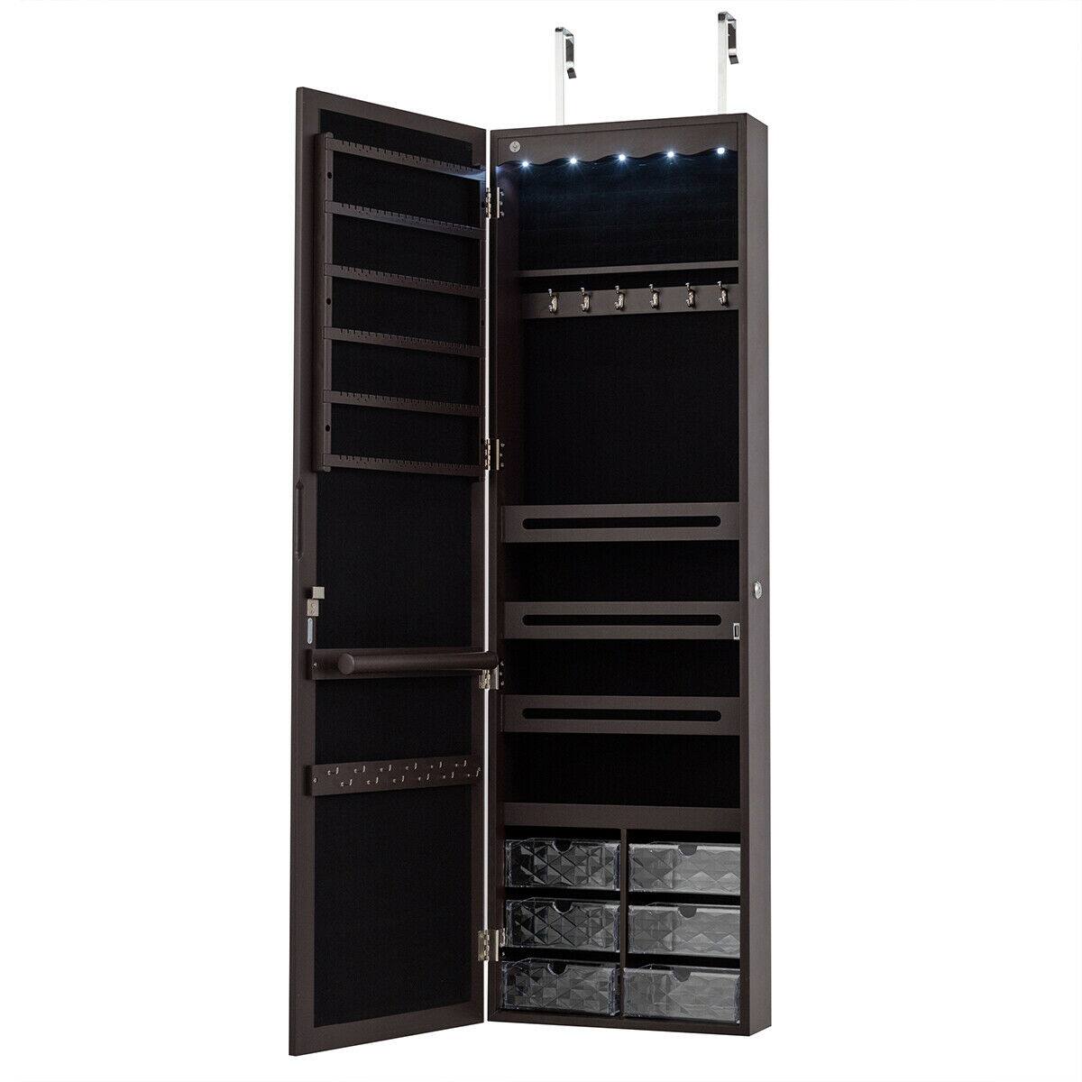 Alt View 1. Gymax - Gymax Wall Door Mounted Jewelry Cabinet Organizer LED Mirror Brown - Brown.