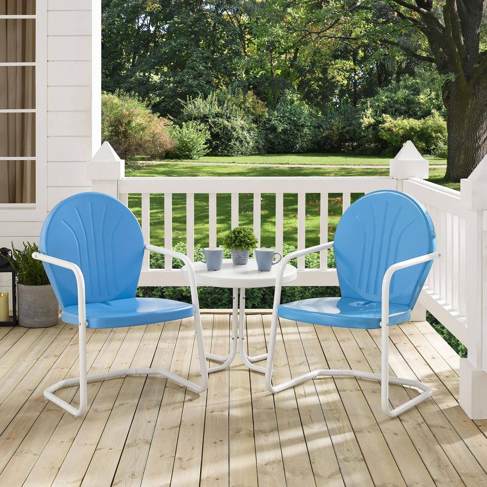 Back. Crosley Furniture - Griffith 3Pc Retro Outdoor Chair Set - Side Table & 2 Chairs - Sky Blue Gloss.