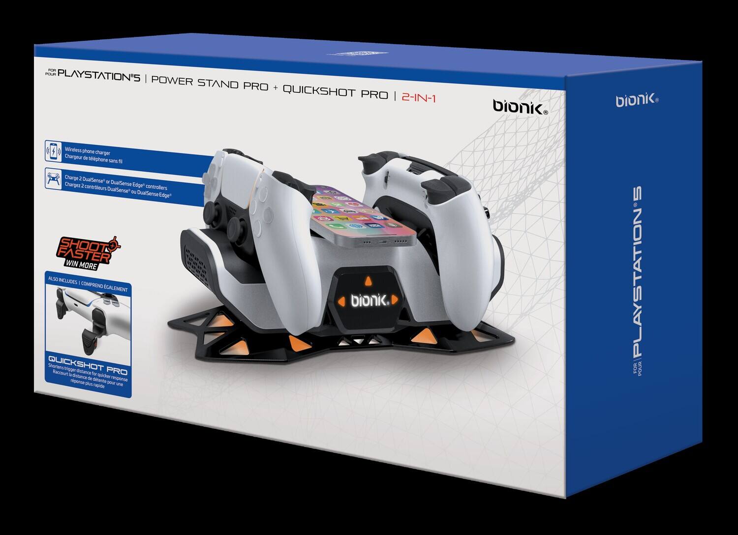 Sure, here is the corrected and grouped text from the image:

---

**PLAYSTATION®5 | POWER STAND PRO + QUICKSHOT PRO | 2-IN-1**

- Wireless phone charger
  - Chargeur de téléphone sans fil

- Charge 2 DualSense™ or DualSense™ Edge® controllers
  - Chargez 2 contrôleurs DualSense™ ou DualSense™ Edge®

- SHOOT FASTER WIN MORE

- ALSO INCLUDES | COMPREND ÉGALEMENT
  - QUICKSHOT PRO
    - Shortens trigger distance for quicker response
    - Raccourci de la distance de déclenchement pour une réponse plus rapide

---

**bionik.**

**PLAYSTATION®5 FOR PS5**

---