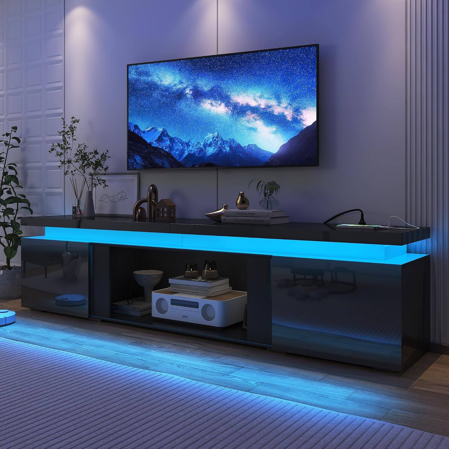Left. Espafurni - 71inch Modern High Gloss TV Stand with Power Outlet Storage for up to 80" TVs - Black.