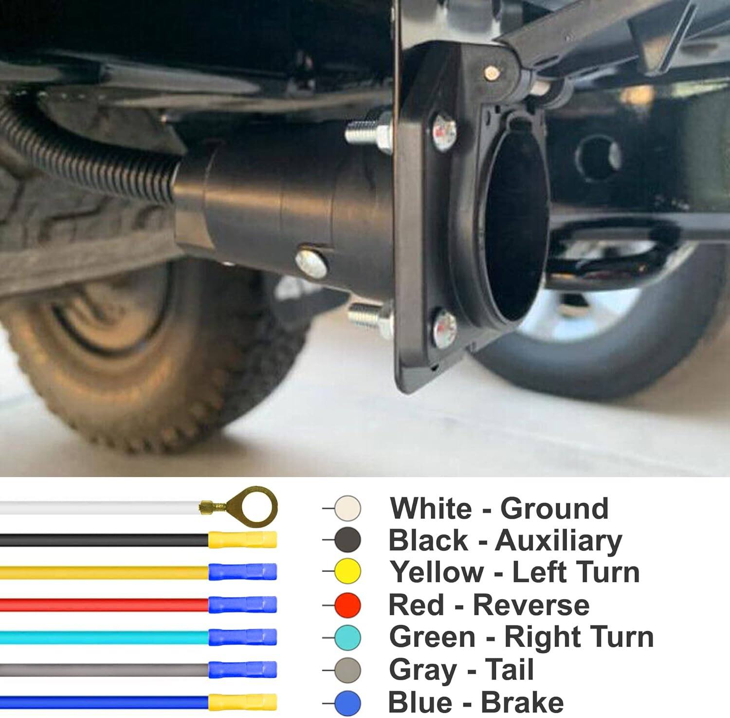 White - Ground  
Black - Auxiliary  
Yellow - Left Turn  
Red - Reverse  
Green - Right Turn  
Gray - Tail  
Blue - Brake