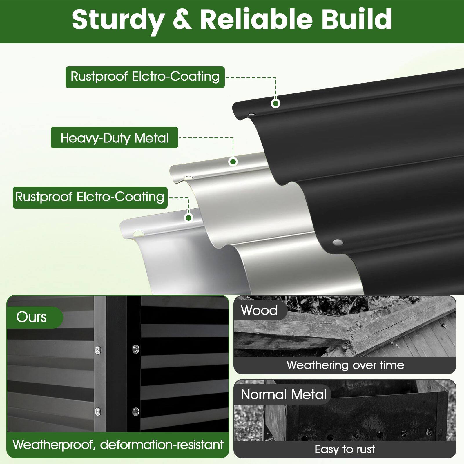 Sturdy & Reliable Build

- Rustproof Electro-Coating
- Heavy-Duty Metal
- Rustproof Electro-Coating

Ours
Weatherproof, deformation-resistant

Wood
Weathering over time

Normal Metal
Easy to rust