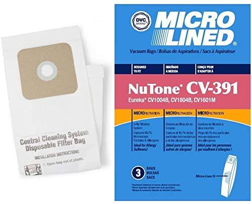 **DVC BRAND MICRO LINED**

**Vacuum Bags / Bolsas de Aspiradora / Sacs d'Aspirateur**

**DESIGNED TO FIT / CONU POUR SADAFTER / DISEÑADO PARA ACOMODAR**

**NuTone® CV-391**

**Eureka® CV1004B, CV1804B, CV1601M**

**MICRO-FILTRATION / MICRO-FILTRACIÓN / MICRO-FILTRATION**

**Central Cleaning System Disposable Filter Bag**

**INSTRUCTIONS INSTALLATION**

1. Open bag.
2. Pradon Capturas 90% Microscopics Particles & Alergens.
3. BAGS / BOLSAS / SACS de 243283 Captura Ideal para gaienes / Idal pour les safren de alergias!

**Ideal for Allergy Sufferers!**

**Micro-Liner**