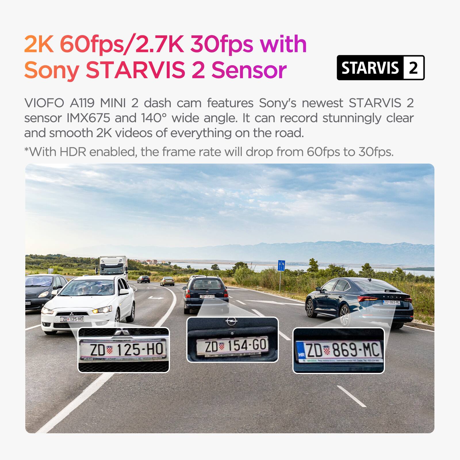 2K 60fps/2.7K 30fps with Sony STARVIS 2 Sensor

VIOFO A119 MINI 2 dash cam features Sony's newest STARVIS 2 sensor IMX675 and 140° wide angle. It can record stunningly clear and smooth 2K videos of everything on the road.

*With HDR enabled, the frame rate will drop from 60fps to 30fps.