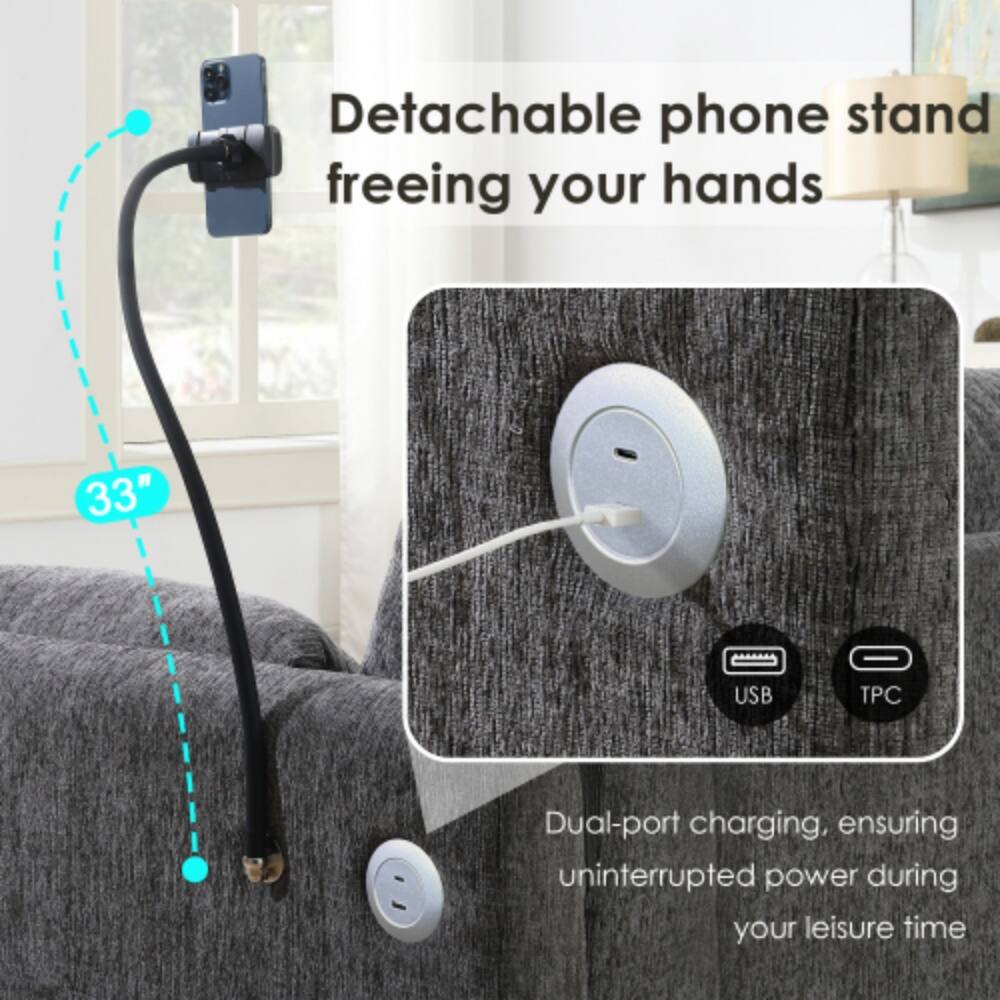 Detachable phone stand freeing your hands  
33" USB TPC Dual-port charging, ensuring uninterrupted power during your leisure time