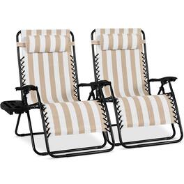 Best Choice Products - Set of 2 Extra Wide Zero Gravity Lounge Chair Recliners w/ Cup Holder - Tan Stripes