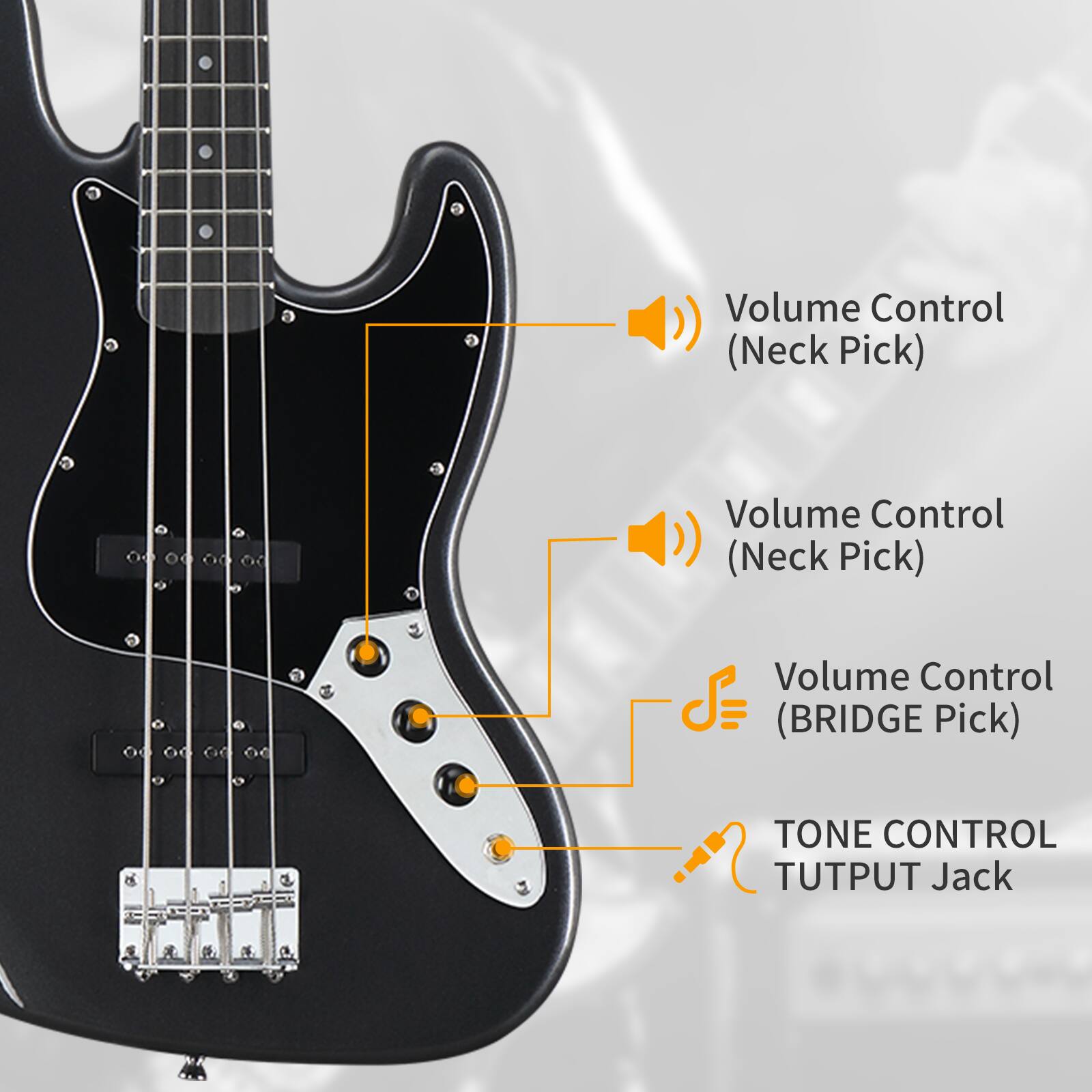 Volume Control (Neck Pick)  
Volume Control (Neck Pick)  
Volume Control (Bridge Pick)  
Tone Control  
Output Jack
