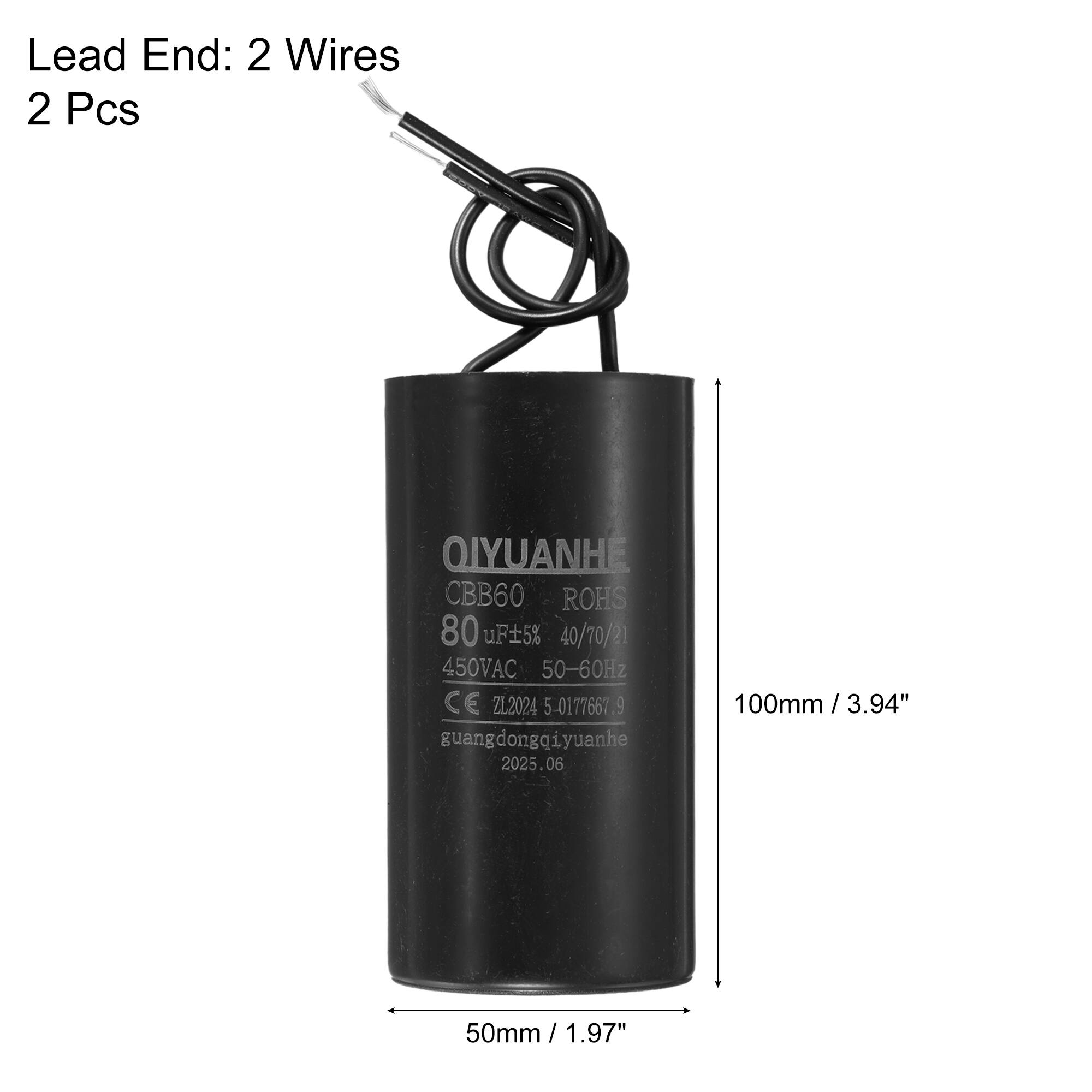 Lead End: 2 Wires  
2 Pcs  

QIYUANHE  
CBB60  
ROHS  
80 uF ±5%  
40/70/21  
450VAC 50-60Hz  
CE Z12024  
5 0177667 9  
guangdongqiyuanhe  
2025.06  

100mm / 3.94"  
50mm / 1.97"