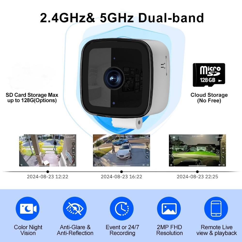 2.4GHz & 5GHz Dual-band  
SD Card Storage Max up to 128G (Options)  
Cloud Storage (No Free)  

Color Night Vision  
Anti-Glare & Anti-Reflection  
Event or 24/7 Recording  
2MP FHD Resolution  
Remote Live view & playback  

2024-08-23 12:22  
2024-08-23 16:22  
2024-08-23 22:25
