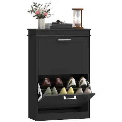 Front. Homcom - Shoe Storage Cabinet with 2 Flip Drawers for 10 Pairs, Narrow Shoe Organizer for Entryway - Black.