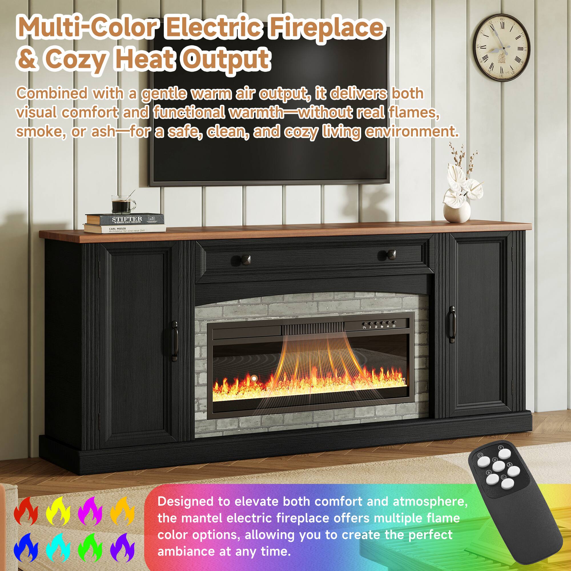 Multi-Color Electric Fireplace & Cozy Heat Output

Combined with a gentle warm air output, it delivers both visual comfort and functional warmth—without real flames, smoke, or ash—for a safe, clean, and cozy living environment.

Designed to elevate both comfort and atmosphere, the mantel electric fireplace offers multiple flame color options, allowing you to create the perfect ambiance at any time.