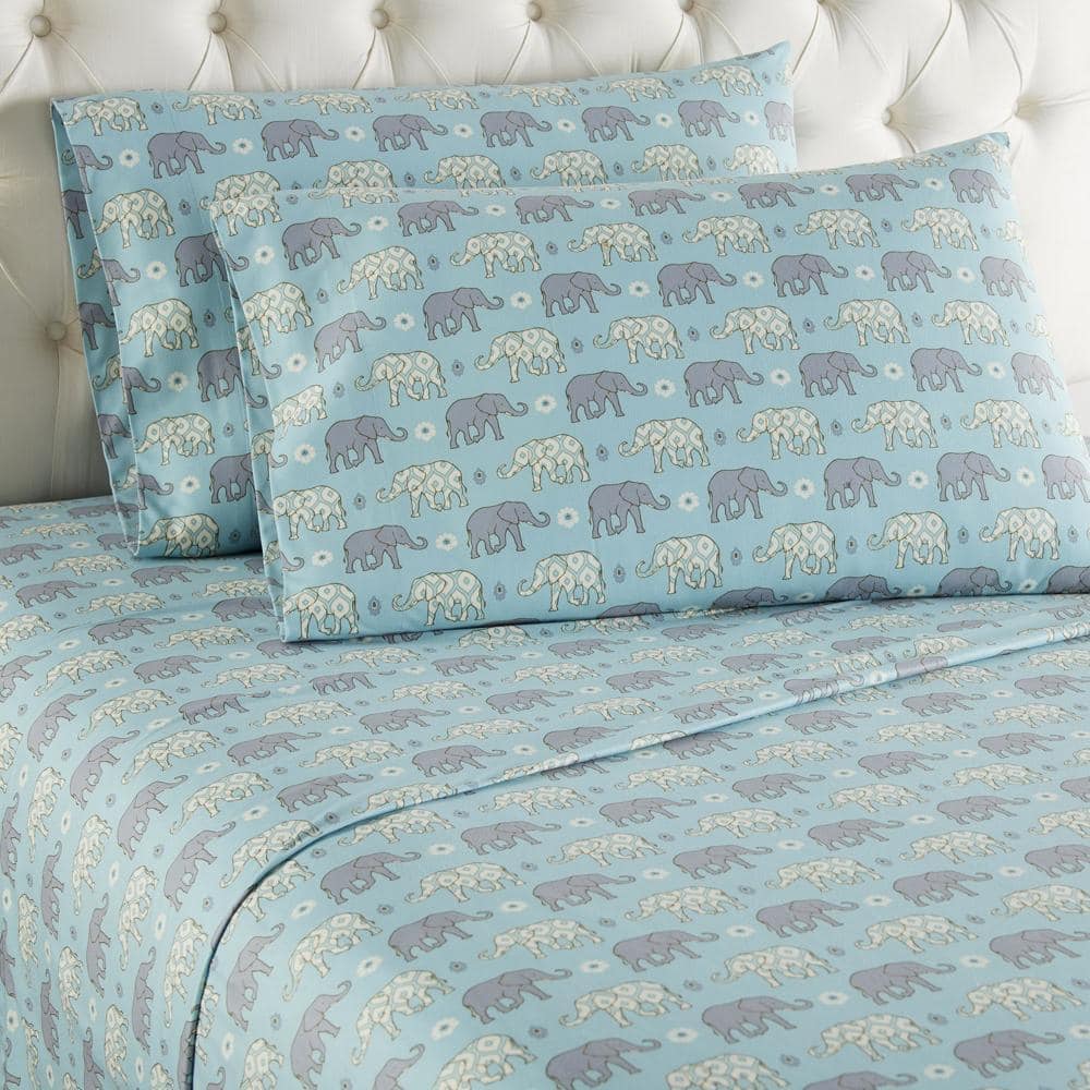 Shavel Home Products - Shavel Micro Flannel Printed Sheet Set - King Flat/Fitted Sheet 108x110/80x78x18" 2-Pillowcase 21x40" - Elephants