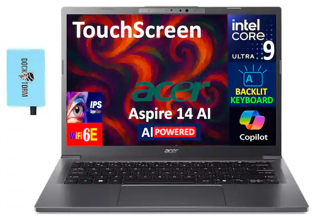 DOCK TORM TouchScreen intel CORE ULTRA 9 A acer BACKLIT KEYBOARD IPS Super Clear Aspire 14 Al 6E Al POWERED WiFi Copilot