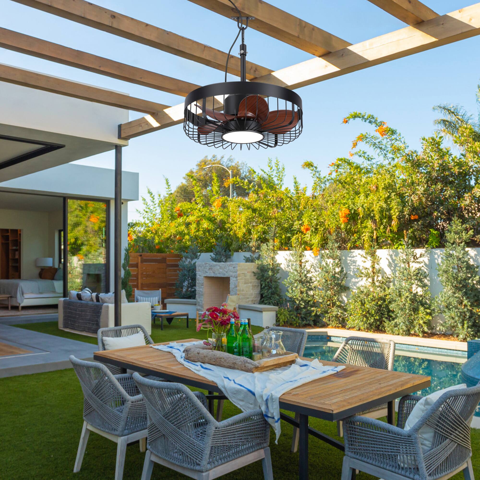 Alt View 1. Breezary - 19" Outdoor Waterproof Ceiling Fan with Gazebo Light, DC Motor, Remote, Reversible ABS Blades, Wet/Damp Rated, Patio Use - Black Frame+ Dark Walnut(Plug-in).