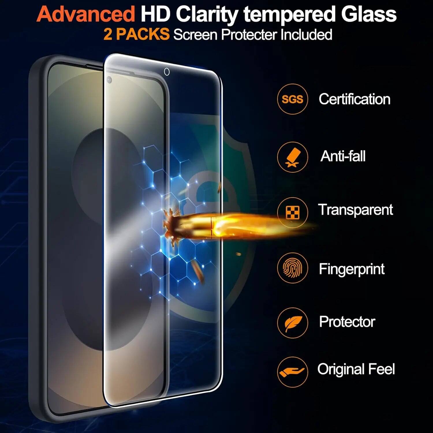 Advanced HD Clarity tempered Glass  
2 PACKS Screen Protector Included  

SGS Certification  
Anti-fall  
Transparent  
Fingerprint  
Protector  
Original Feel