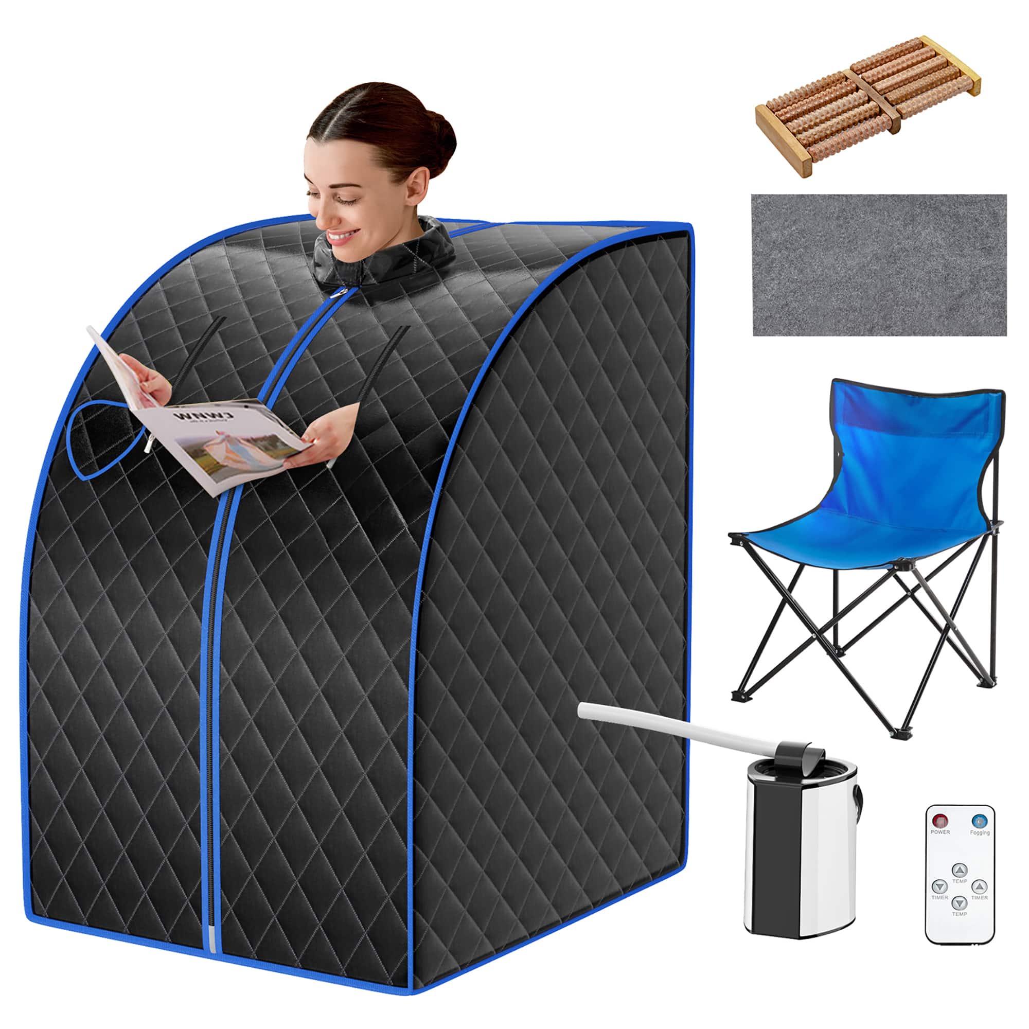 Front. Costway - 9-gear Adjustable Temperature Portable Steam Sauna Black - Black + Blue.