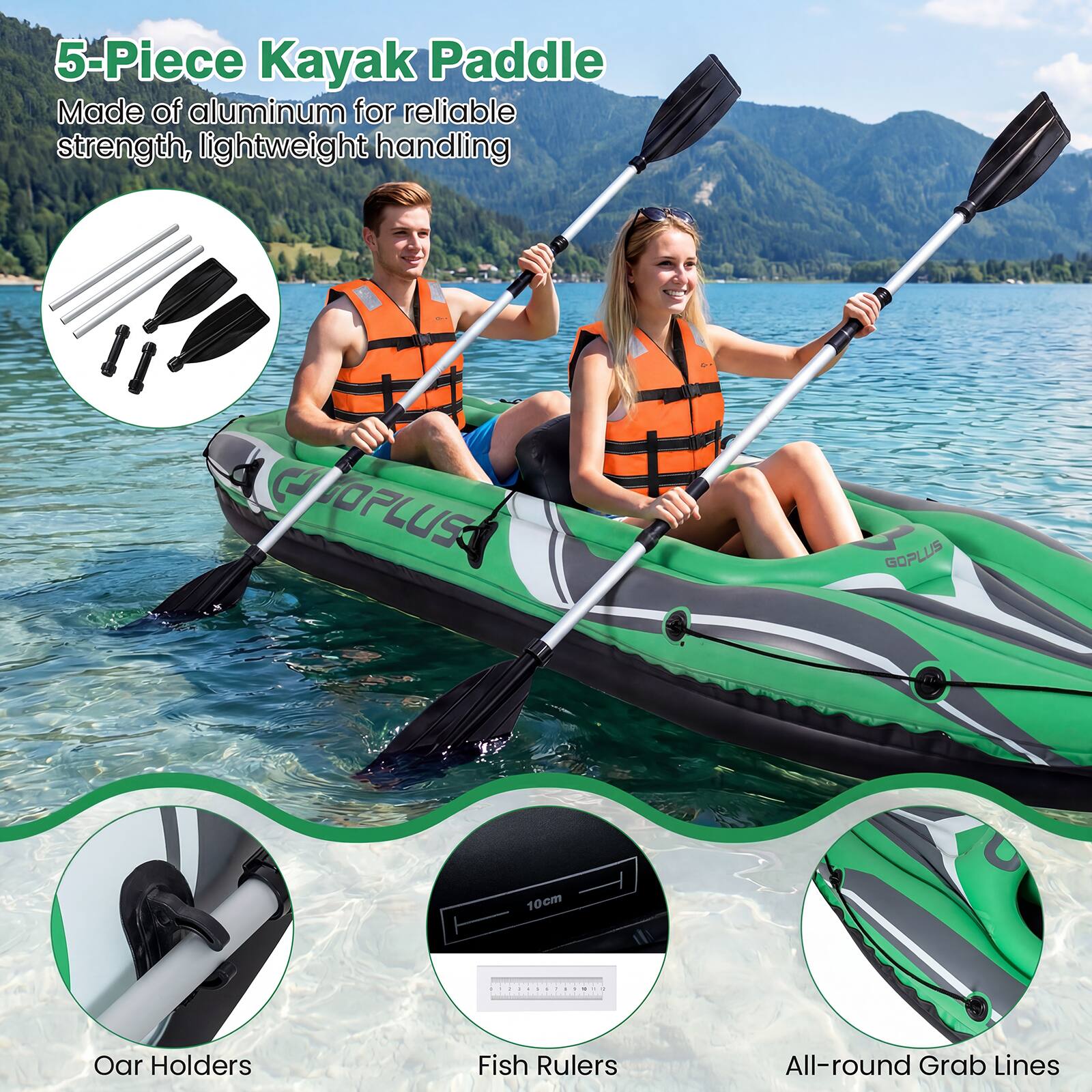 5-Piece Kayak Paddle Made of aluminum for reliable strength, lightweight handling

Oar Holders
Fish Rulers
All-round Grab Lines