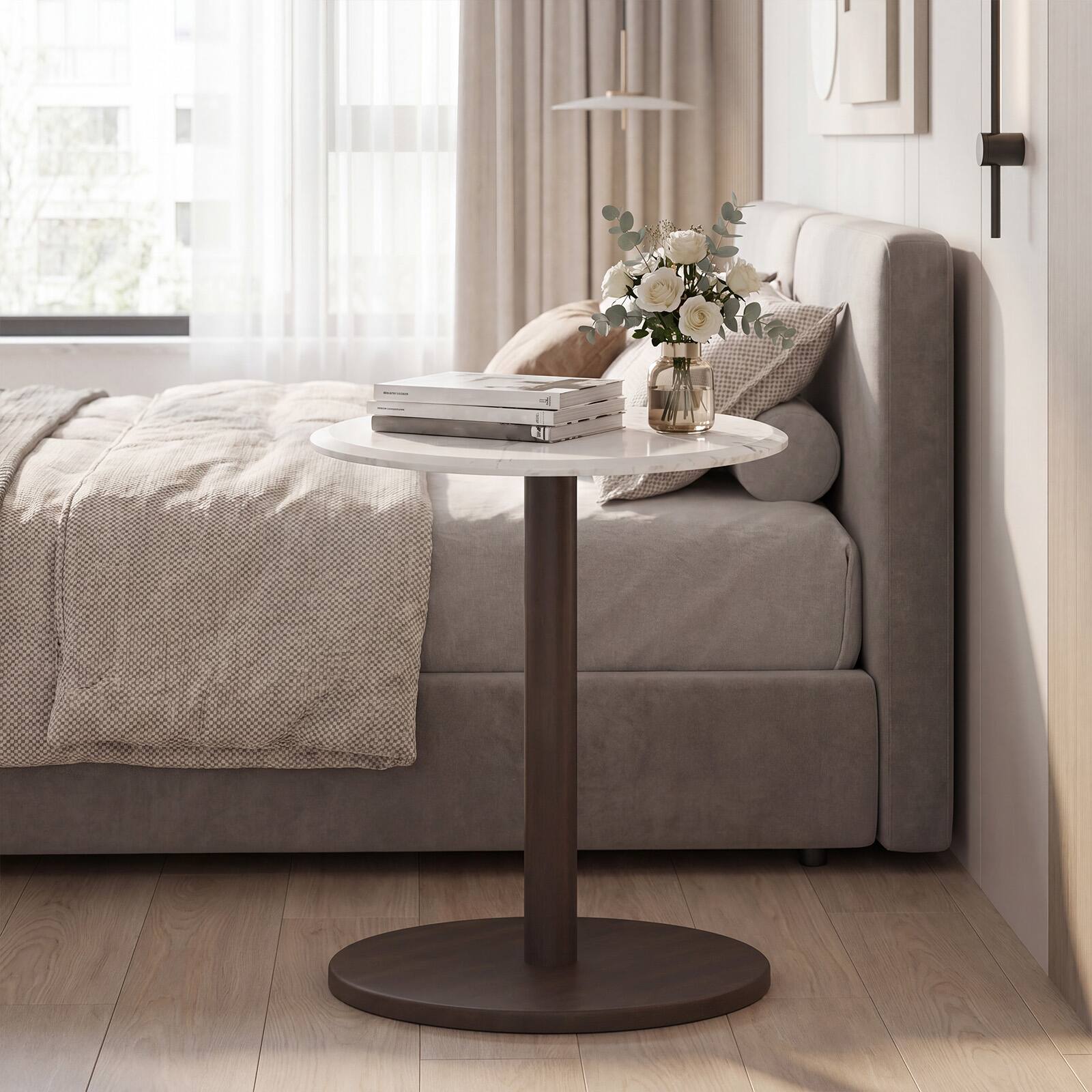 Alt View 4. Costway - Costway 1 PCS Round Marble Side Table with Stone Finish & Wooden Base for Living Room Bedroom - White + Black.