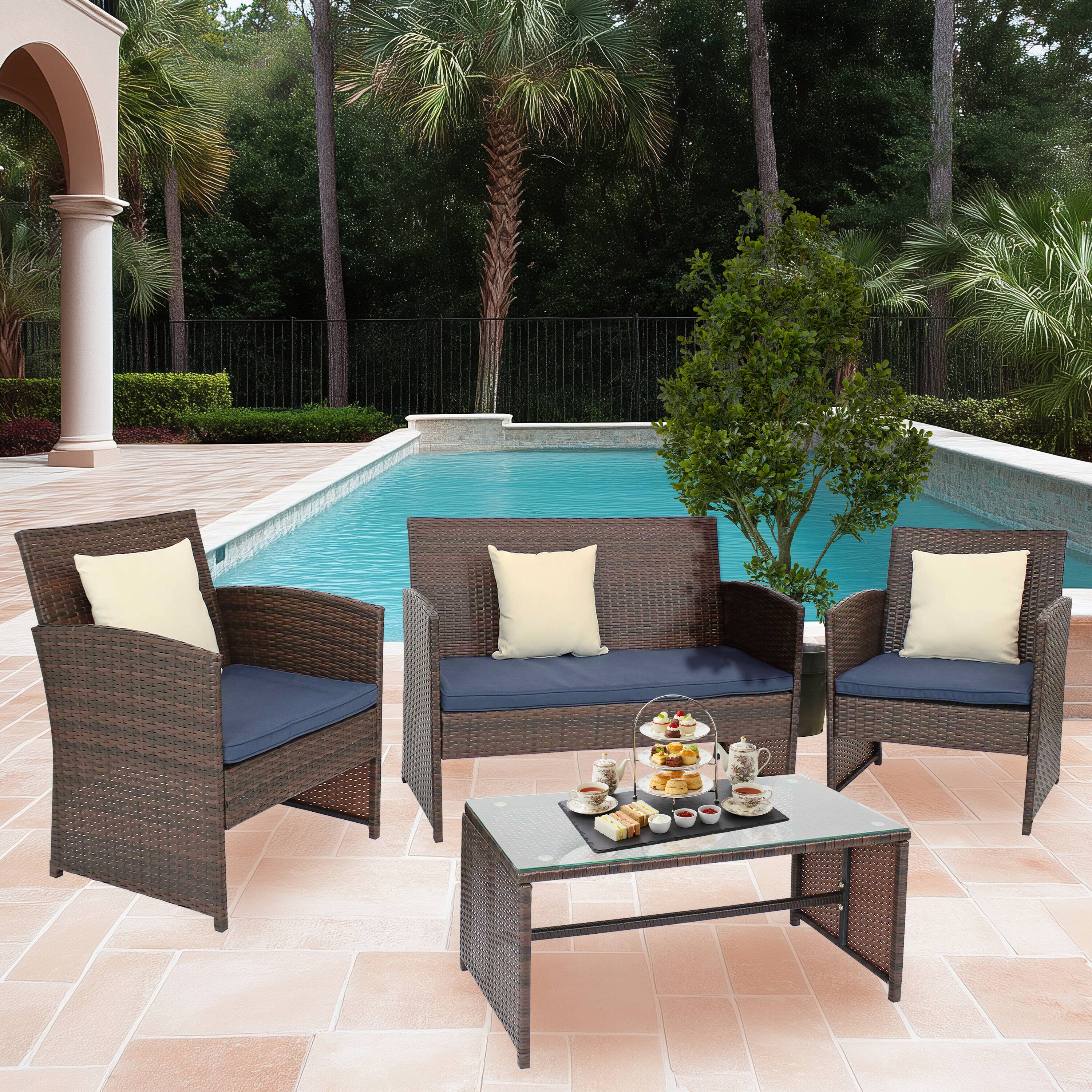 Alt View 4. Sunnydaze - Ardfield Rattan 4-Piece Patio Furniture Set - Brown Rattan with Navy Cushions.