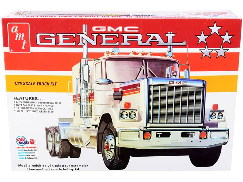 Sure, here is the corrected and grouped text from the image:

---

**a m t**

**GMC GENERAL**

**1/25 SCALE TRUCK KIT**

**FEATURES...**

- AUTHENTIC GMC COLOR DECAL TRIM
- OVER 300 PARTS - MANY PLATED
- 10 HOLLOW VINYL TRUCK TIRES
- MODEL 12% LONG ASSEMBLED

**Retro Deluxe**

**SPECIAL FEATURES**

- TRUCK Wood/Tender Kit
- FULLY DETAILED Interior
- EXPANDED Decal Sheet
- VINTAGE Style Packaging

**Model réduit de véhicule pour assembler**

**Unassembled vehicle hobby kit**

---