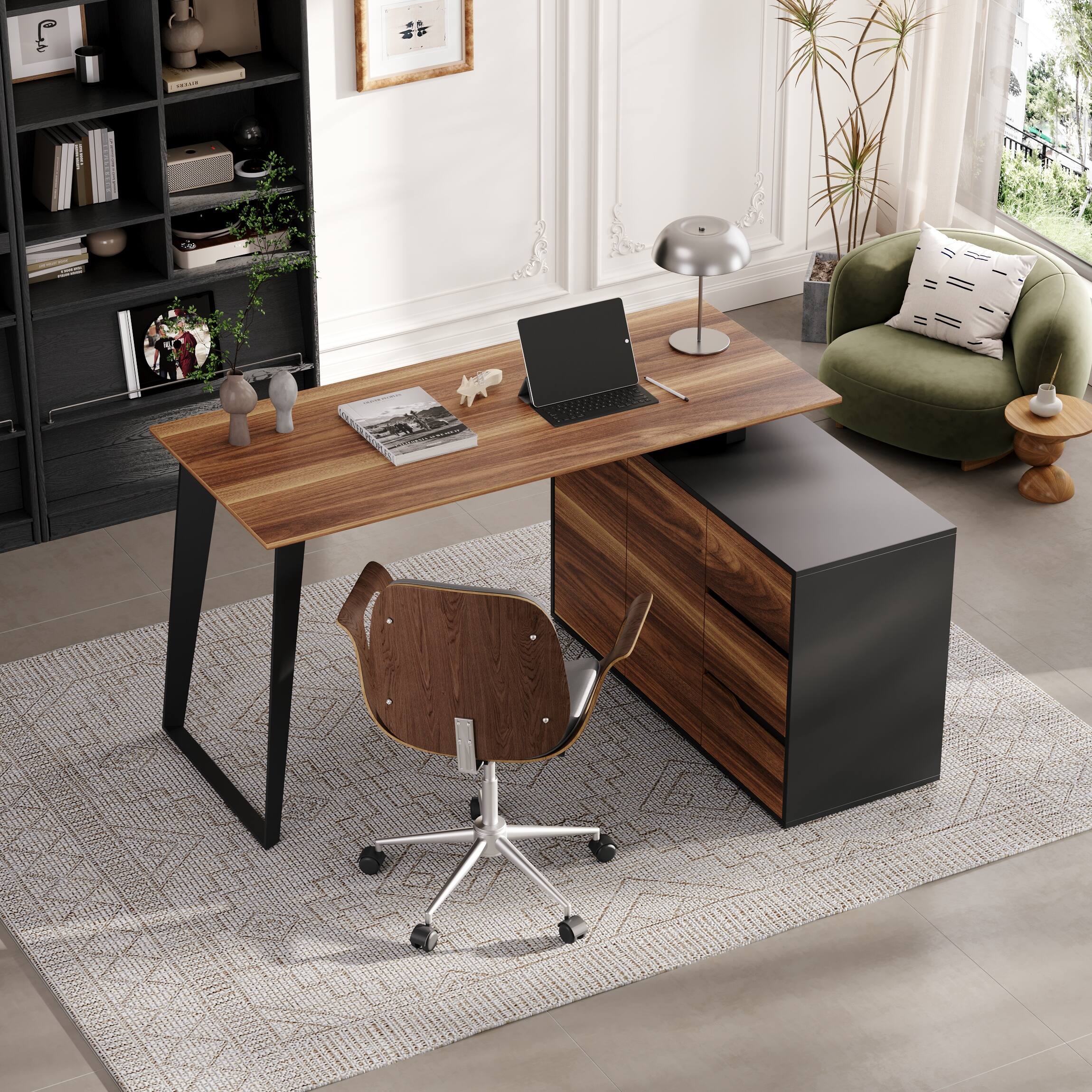 Left. FUFU&GAGA - FUFU&GAGA Industrial Reversible L - Shaped Desk – A Multifunctional Workstation for Home Offices & Gaming Setups - Brown & Black.