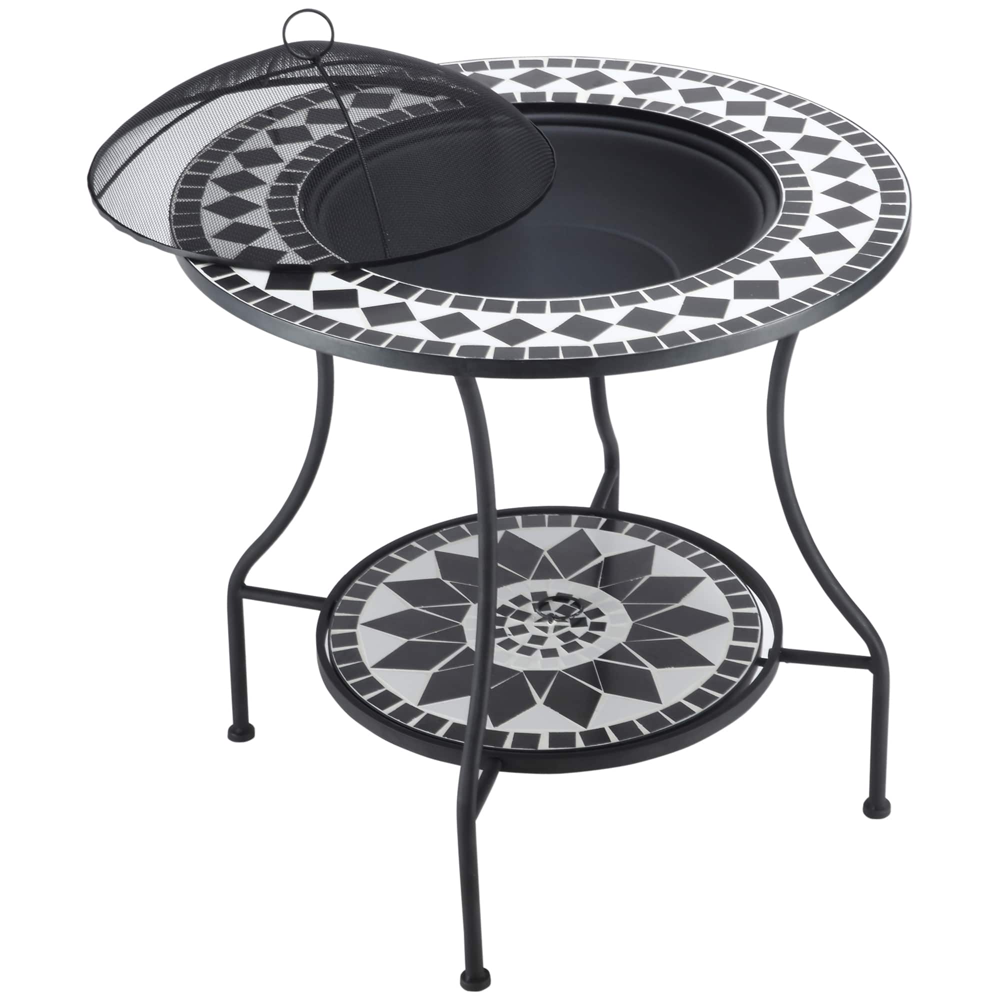 Outsunny - Outdoor Fire Pit Dining Table, 3-in-1 Round Wood Burning Fire Pit Bowl - Black, White