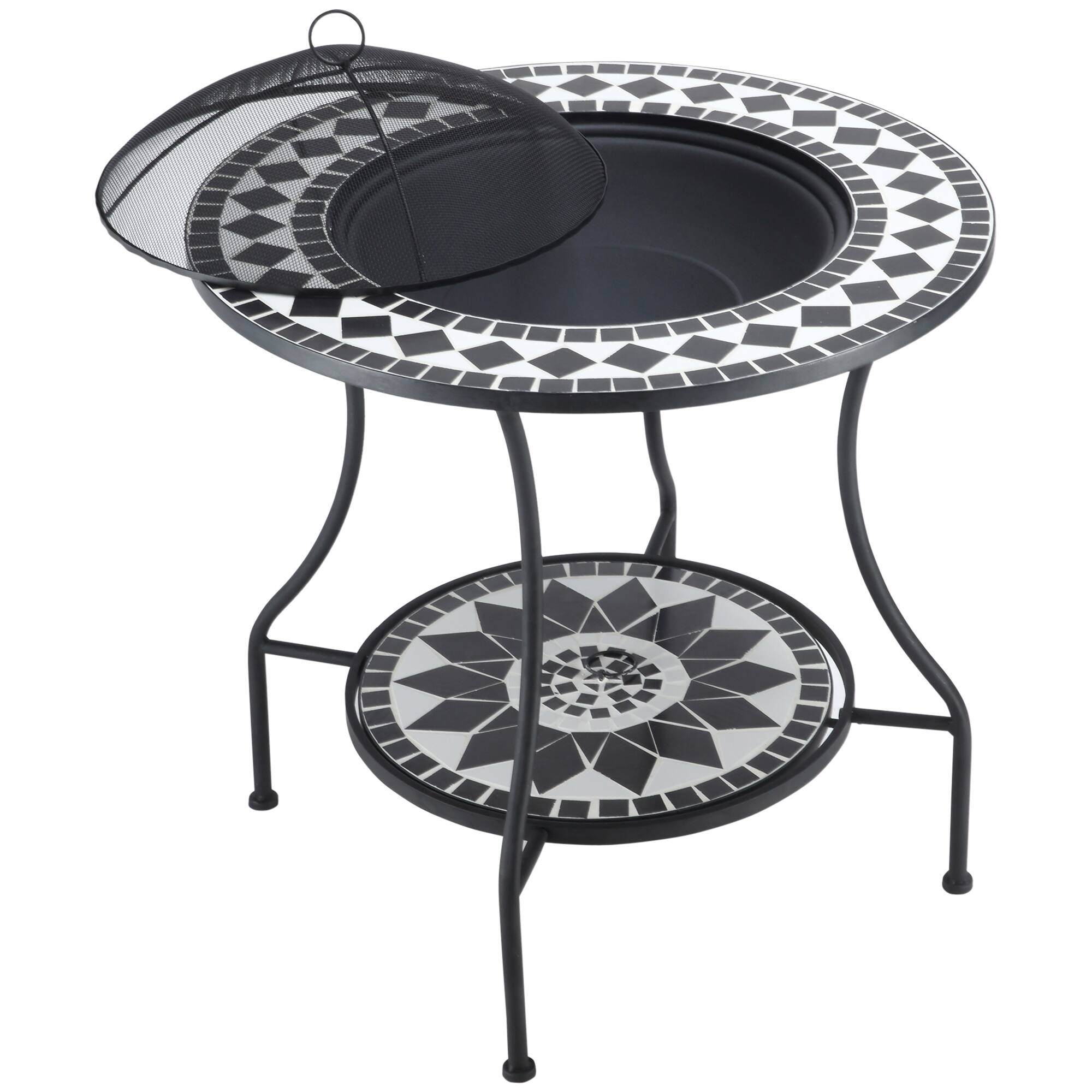 Front. Outsunny - Outdoor Fire Pit Dining Table, 3-in-1 Round Wood Burning Fire Pit Bowl - Black, White.