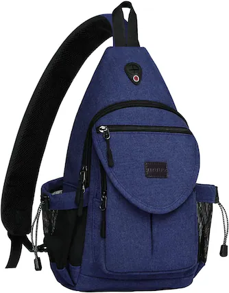 Front. mosiso - Sling Backpack Canvas Crossbody Hiking Daypack Bag with Anti-theft Pocket - Navy Blue.