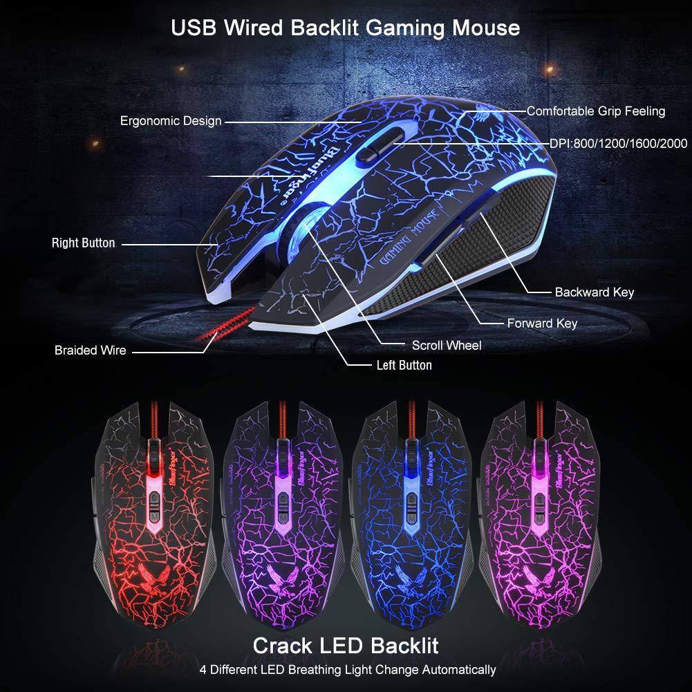 USB Wired Backlit Gaming Mouse

- Ergonomic Design
- Comfortable Grip Feeling
- DPI: 800/1200/1600/2000
- Right Button
- Left Button
- Backward Key
- Forward Key
- Scroll Wheel
- Braided Wire

Crack LED Backlit
4 Different LED Breathing Light Change Automatically